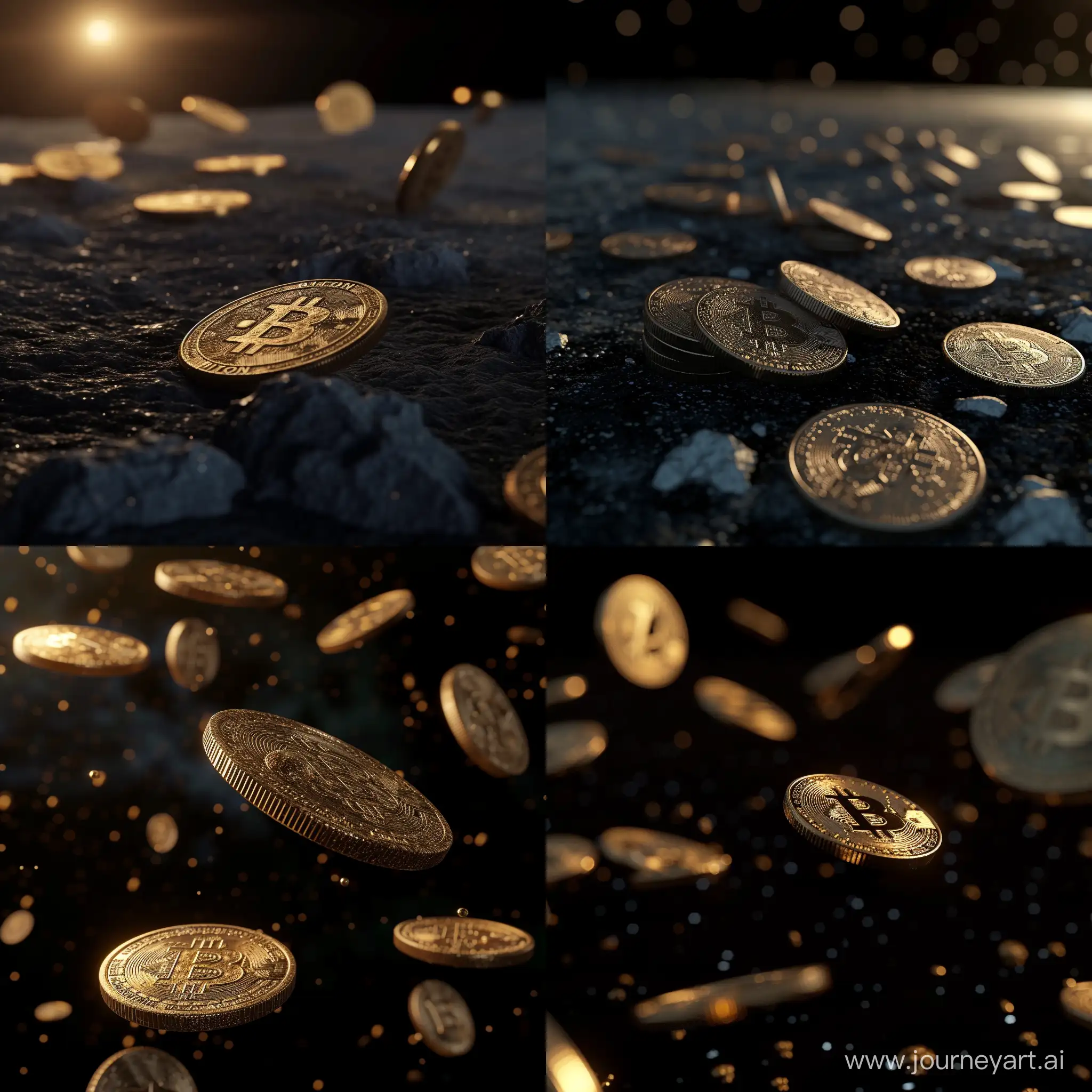 Cryptocurrency tokens 3d in a dark space, coins, coins scattered in the distance


