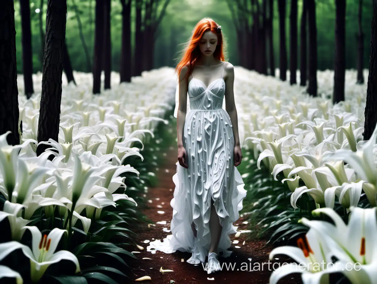 Melancholic-Woman-Strolling-Amidst-White-Lilies-in-TearAdorned-Dress