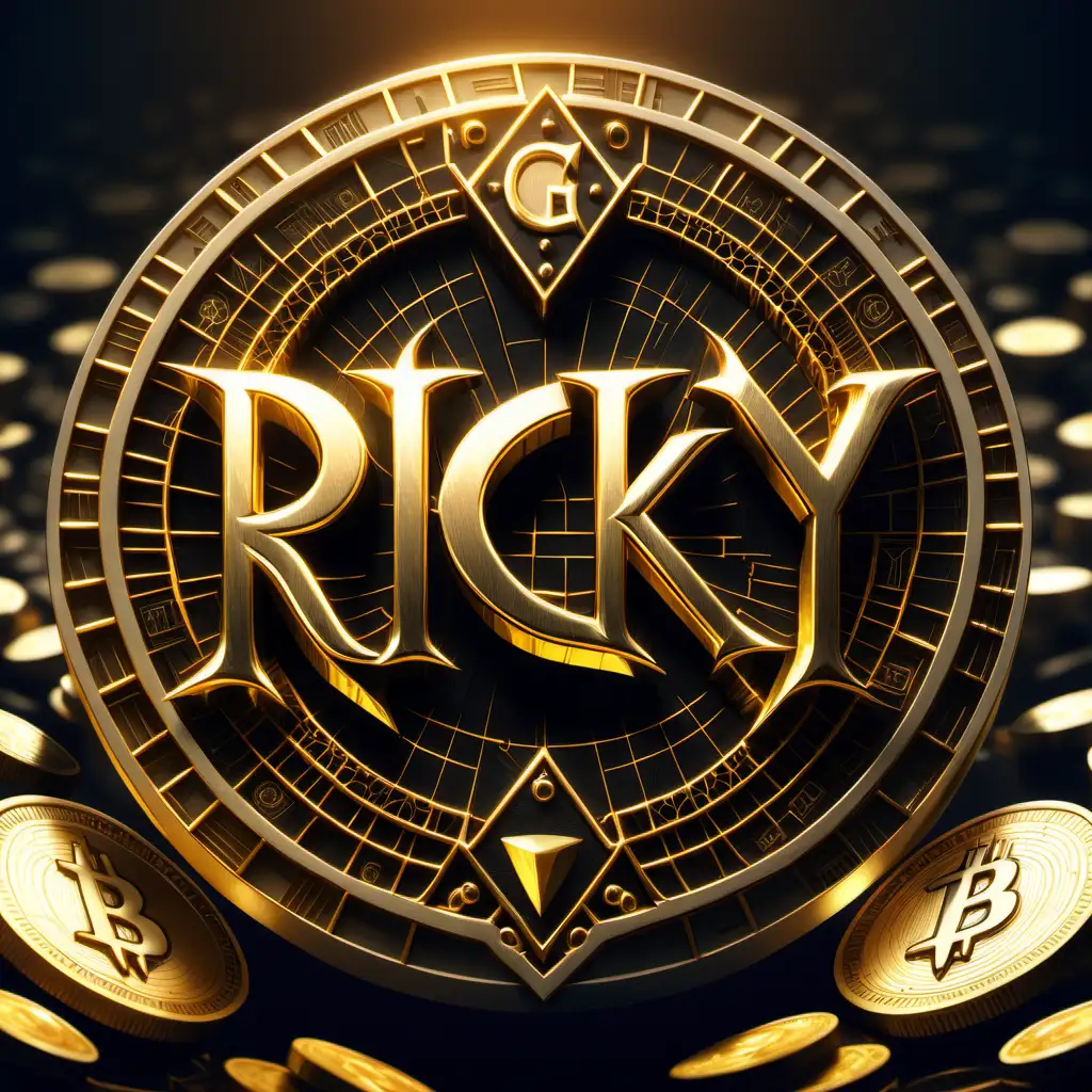 Create a logo of text " RICKY " made of elegant gold behind Crypto coin like, USDT . n demonic realistic , epic royal  crypto background,, royal jewelry, robotic, Crypto, full shot, symmetrical, Greg Rutkowski, Charlie Bowater, Beeple, Unreal 5, hyperrealistic, dynamic lighting, fantasy ar
