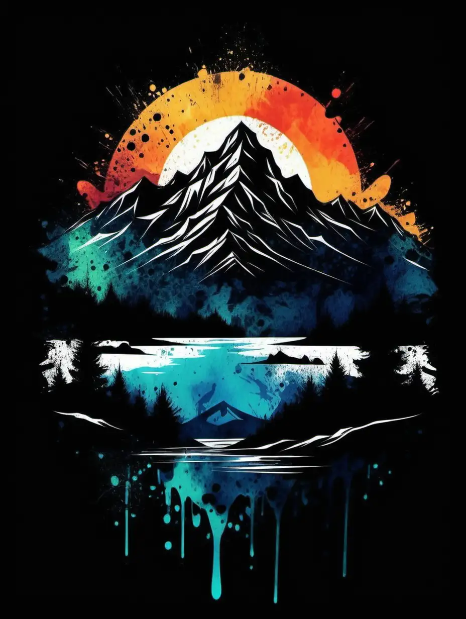 Mountain Silhouette in Bright Watercolor Style on Grunge Background