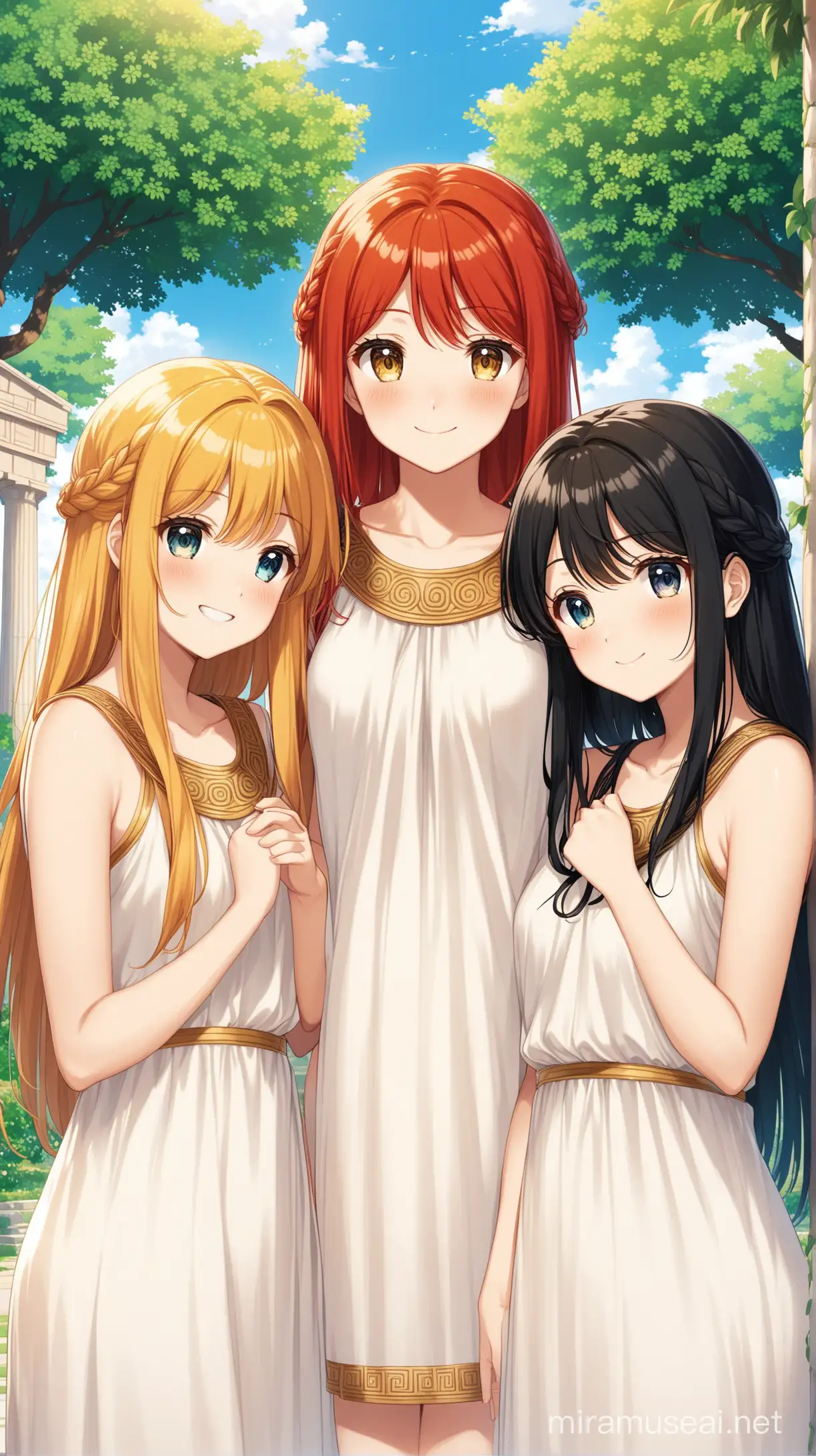 Three anime girls in greek chitons: first with blonde hair and happy, second with redhead hair and neutral, third with black hair and sad, ancient greek, garden on background