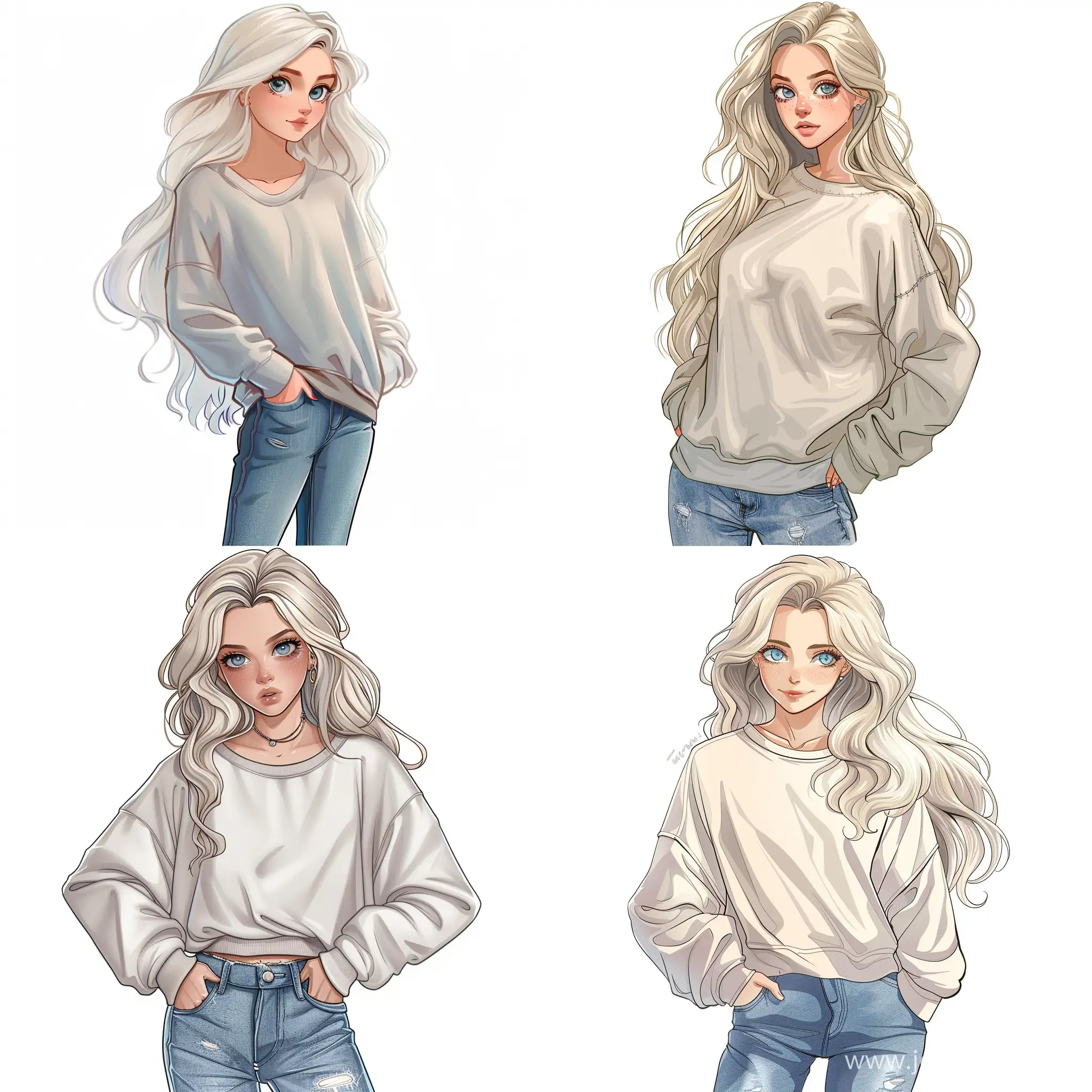 Beautiful girl, blonde hair, gray-blue eyes, white skin, teenager, 15 years old, jeans and oversize sweatshirt, high quality, high detail, cartoon art