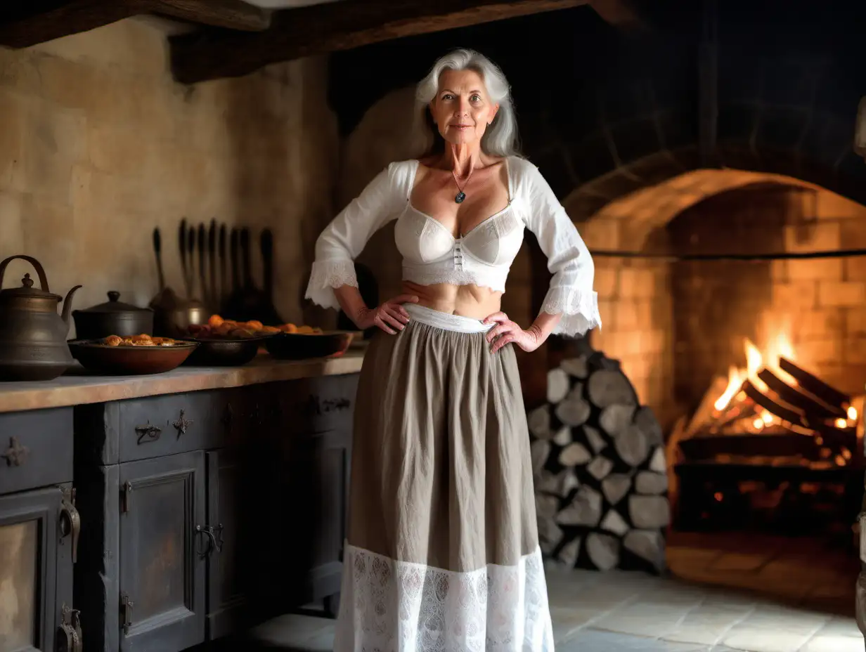 mature woman in long linen skirt and lacy bra in a huge medieval kitchen with open fireplace