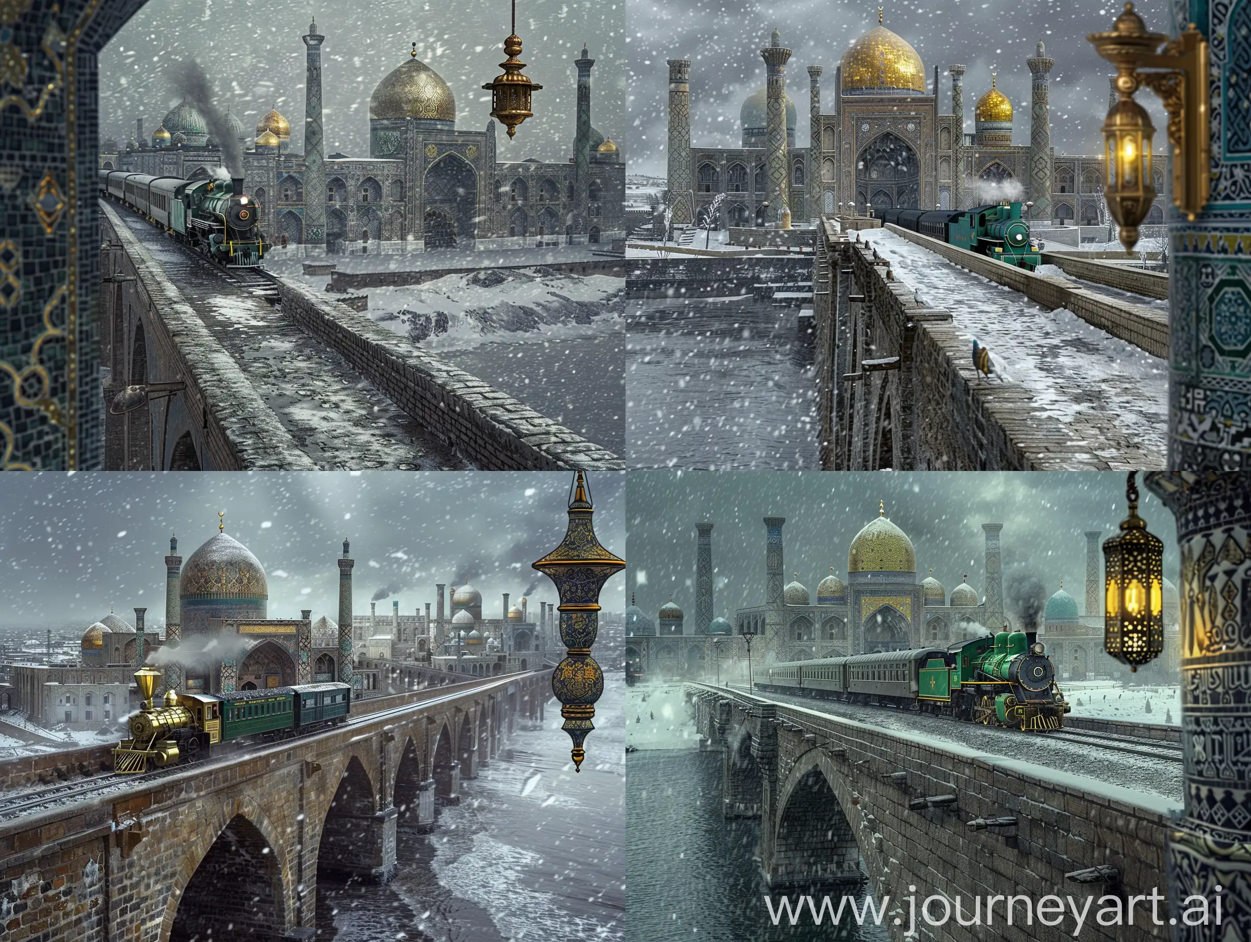 Cinematic photo: A stonebridge going towards into a seafront city, a green golden steam engine train moving on the bridge towards the middle of city, in the background is the wide seafront city full of Persian tiled Uzbekistan mosques and Isfahan mosque covered with persian tile exterior and gold ornaments, dark grey dramatic weather, snowfall, a glorious islamic lamp hanging on side of the image --ar 4:3