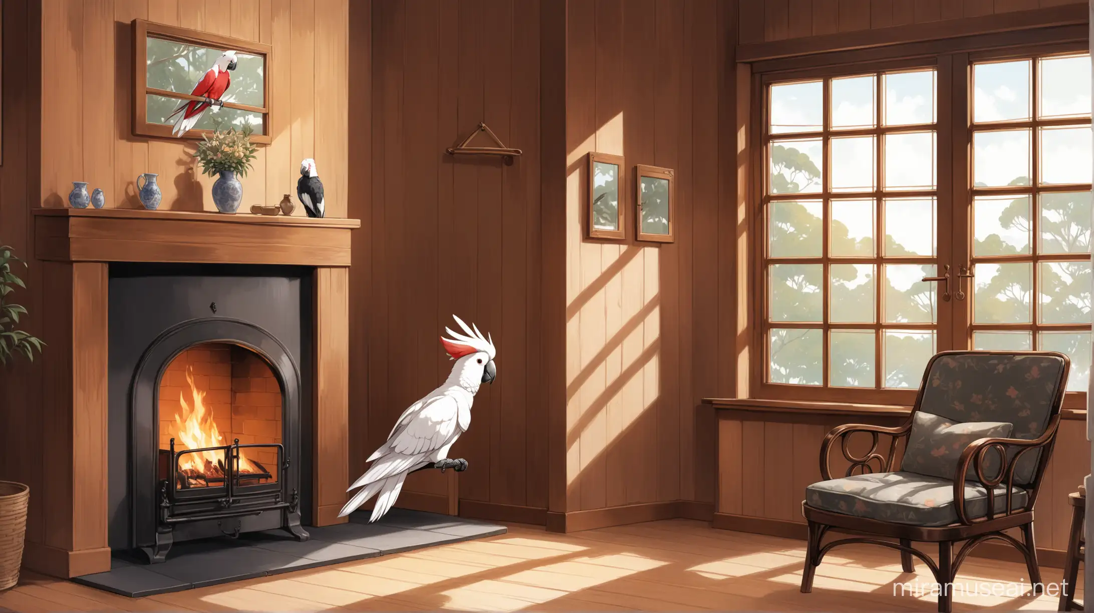 Cockatoo Perched on Chair with Fireplace View