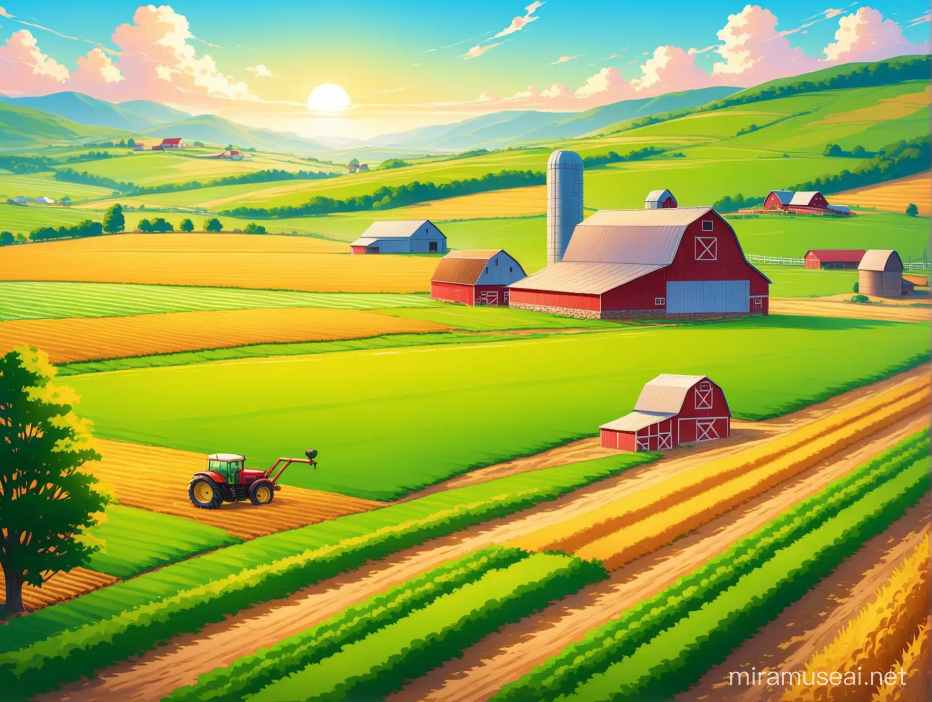 Colorful Farm Life Vibrant Illustration of Animals Crops and Barns