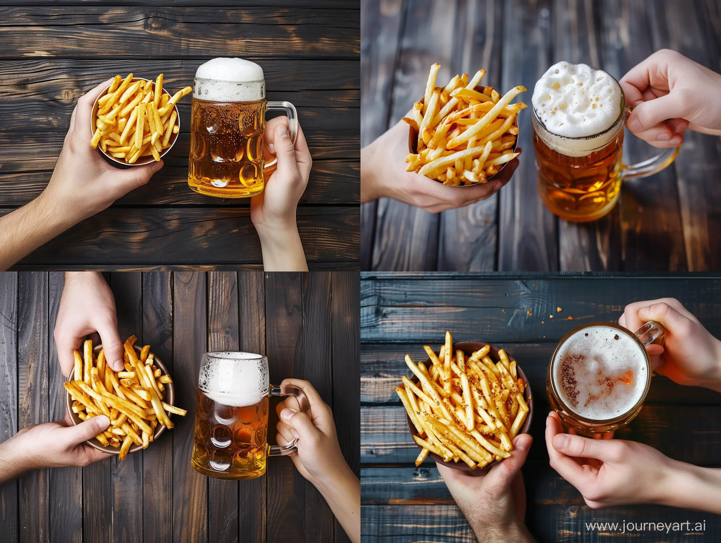 Person-Holding-French-Fries-and-Beer-Mug-on-Dark-Wooden-Background
