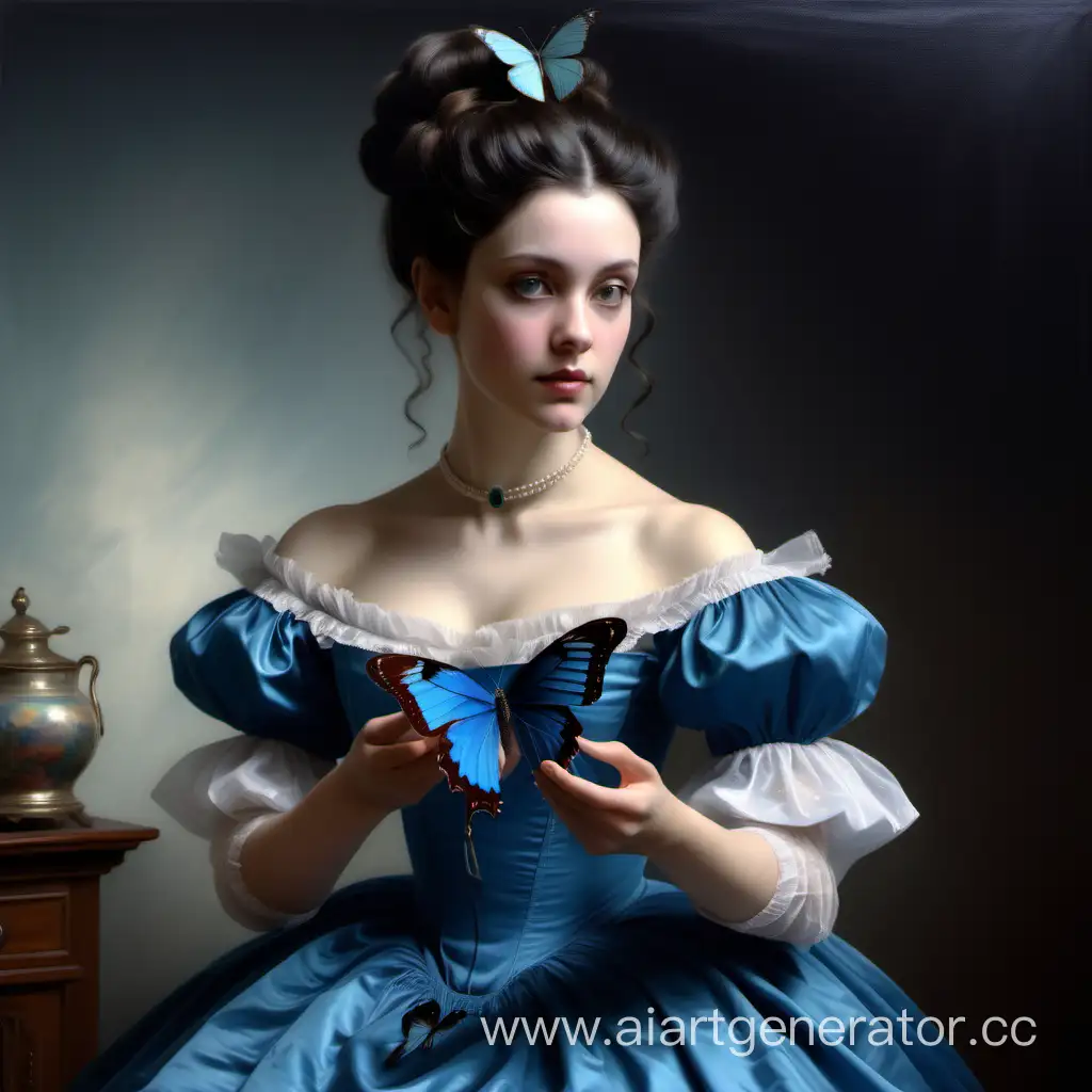 Victorian-Era-Brunette-Holding-Blue-Butterfly-in-Photorealistic-TwoRoom-Apartment