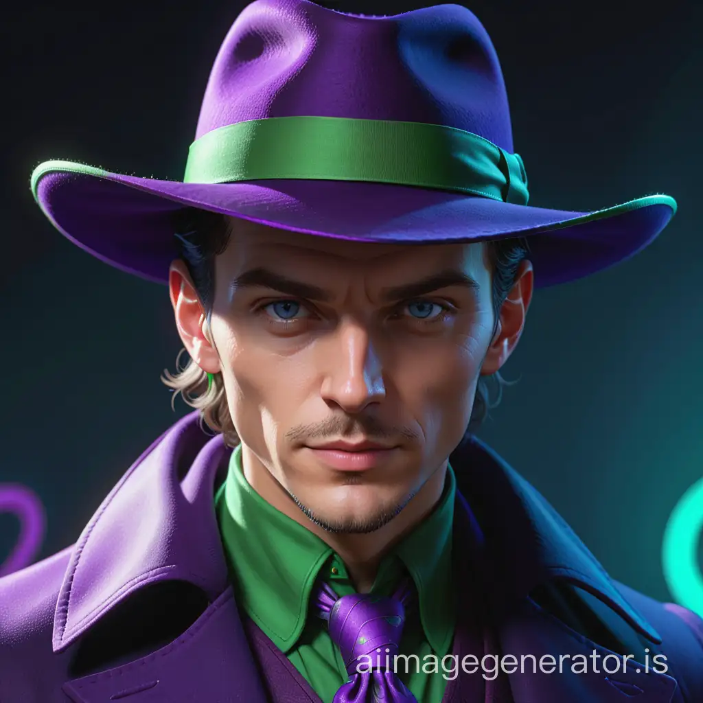 close-up of a man wearing a hat, ray-traced image inspired by Vincent Lefebvre, trending Polycount, digital art, riddler, purple and blue studio lighting, black stetson and coat, fantasy art
