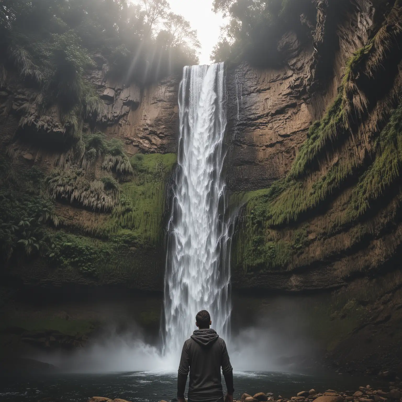 photo of waterfall, male facing waterfall and looking up, perspective from behind him, wide view