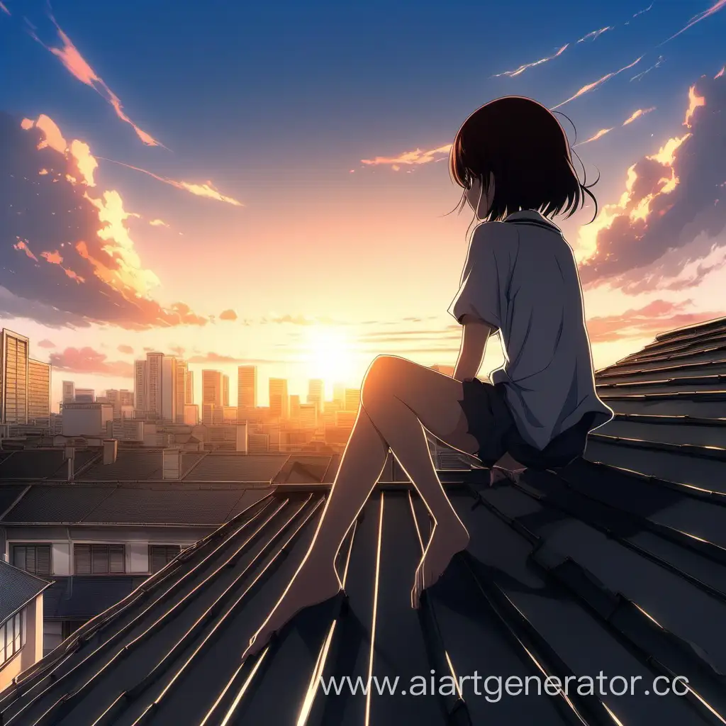 Аниме девушка сидит на крыше. Очень красивое небо. Закат. Девушка повёрнута спиной к экрану