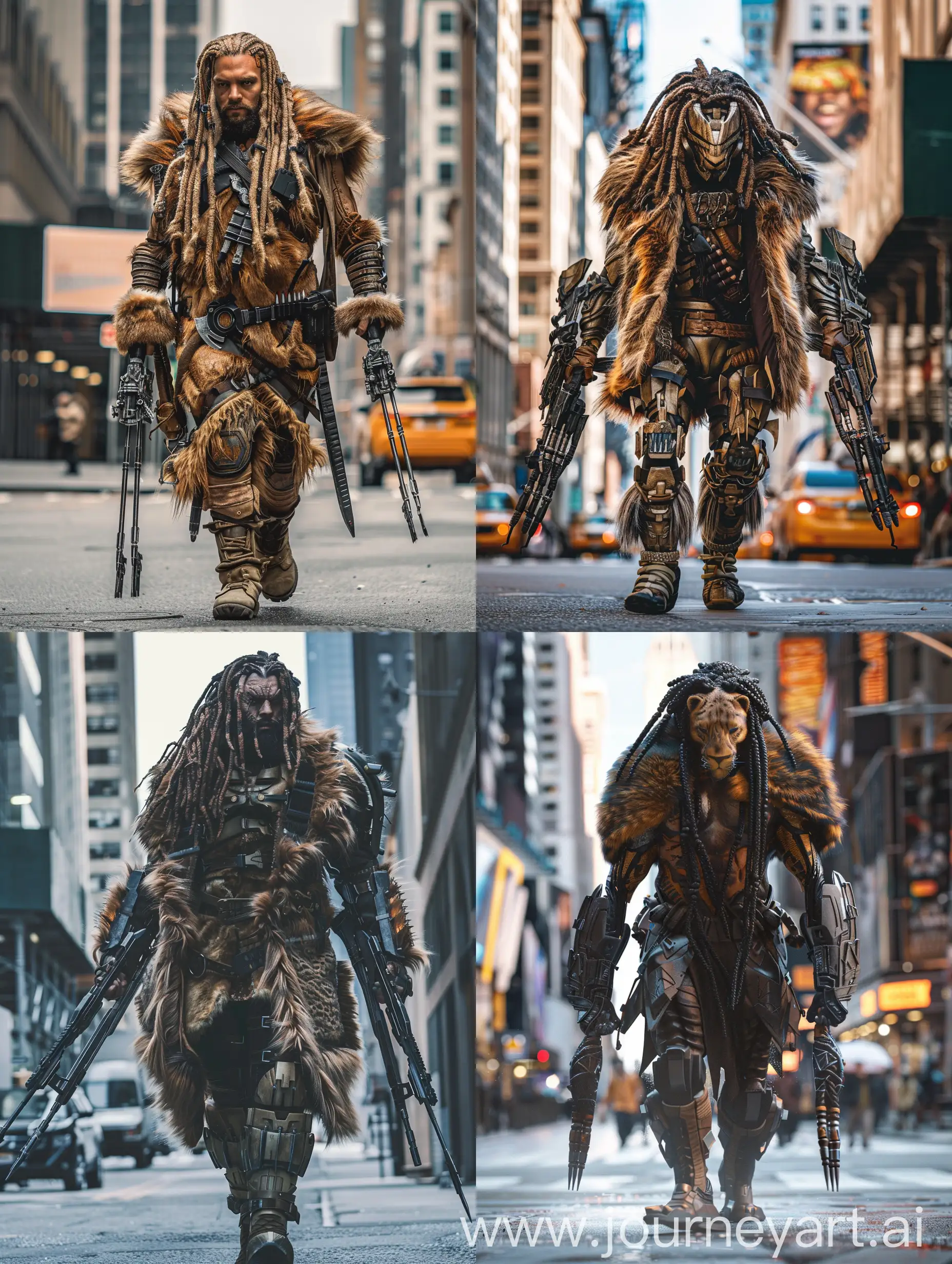 Marvel (Kraven the hunter) (8K) full body walking through New York with weapons in hands with a futuristic style with classic lion fur coat ((PLAYED BY (JASON MAMOA) with braided hair