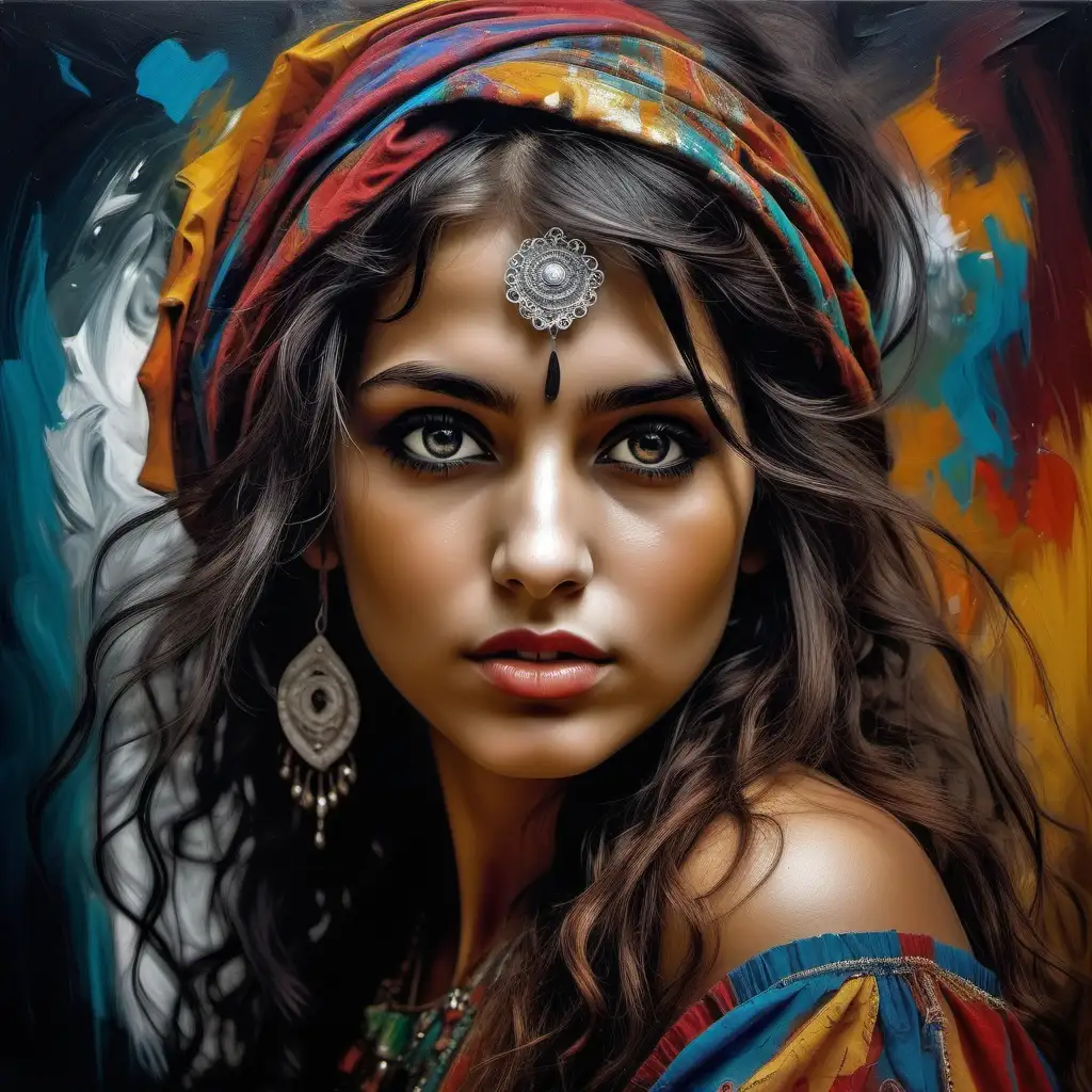 Imagine an abstract art masterpiece portrait of a beautiful gypsy girl
