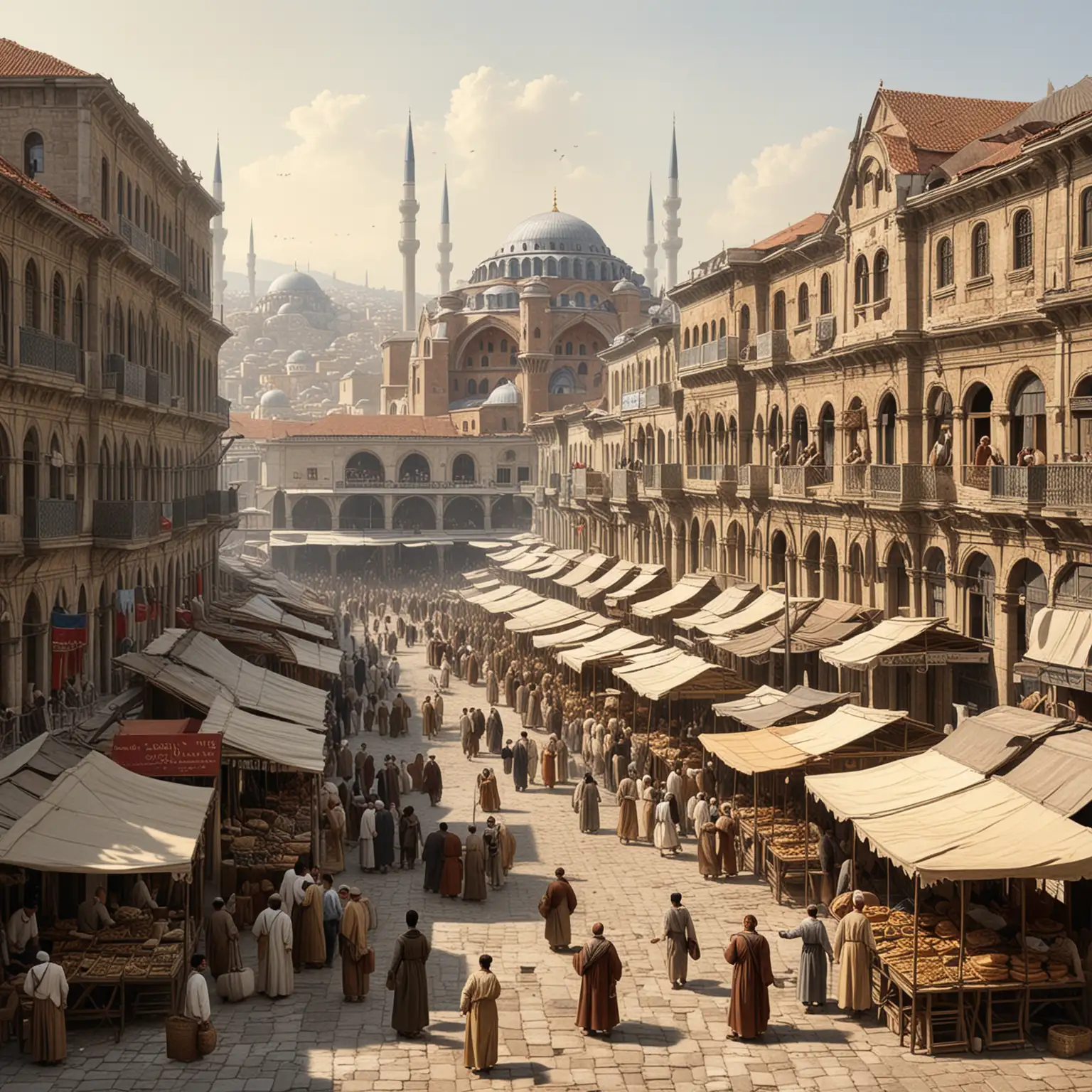 public marketplace in Istanbul in the early 1800s during the byzantine era show the architecture of the city and the people of the time shopping.