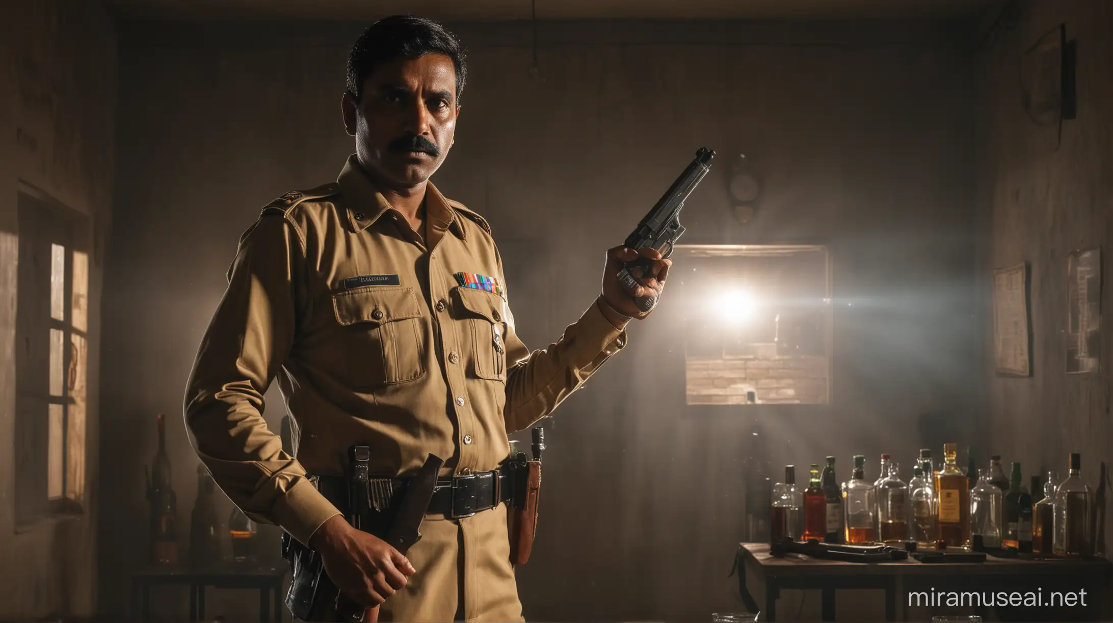 image of Indian police man in khakee dress, guns in hand, liquor bottles in background, dark room, shot from behind, backlight, 