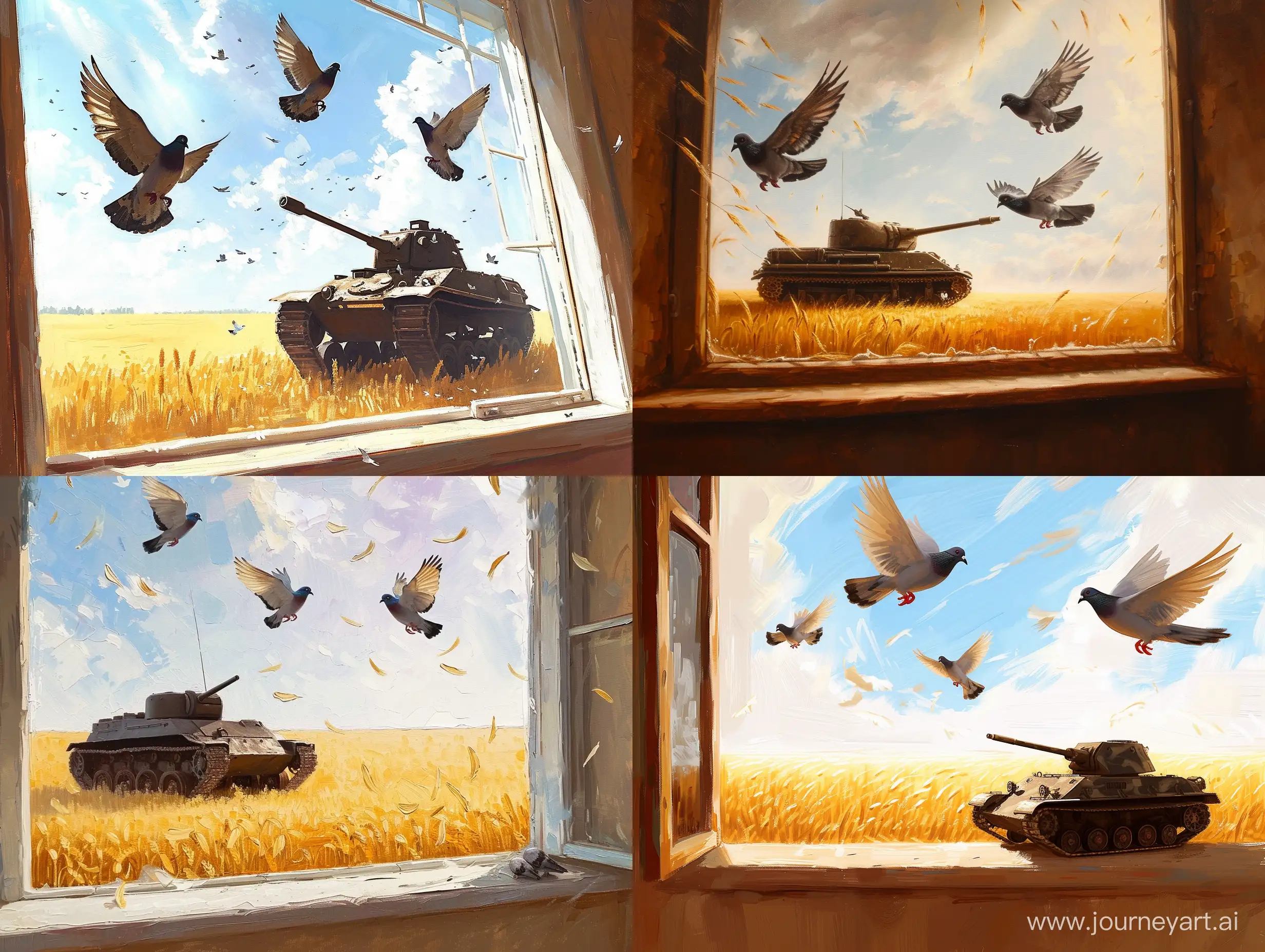 Tank, from the time of the First World War, three pigeons fly around the bright sky, on the windowsill against the background of a wheat field, large strokes, bright, Nikolai Feshin style