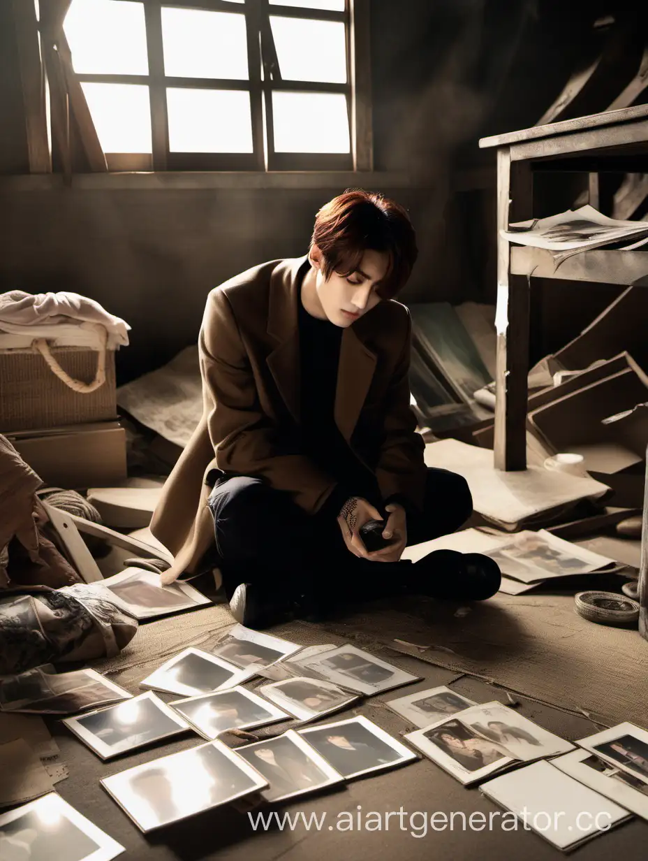 Kim Taehyung sits on the floor of a dusty attic and looks at old photos, where young Jeon Jungkook