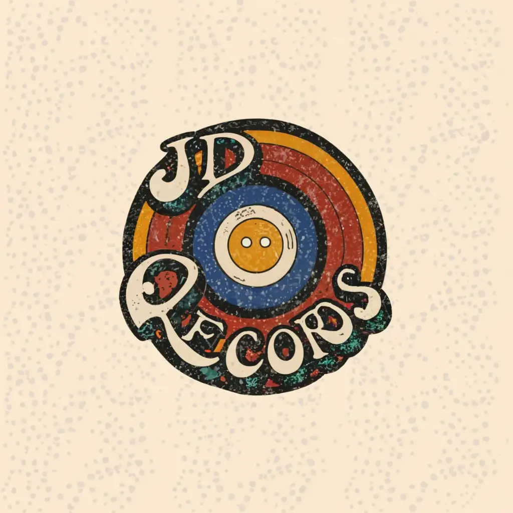 a logo design,with the text 'JD Records', main symbol:vinyl record, peace sign, 1970s, hippie, vibrant colors, bubble letters,complex,clear background