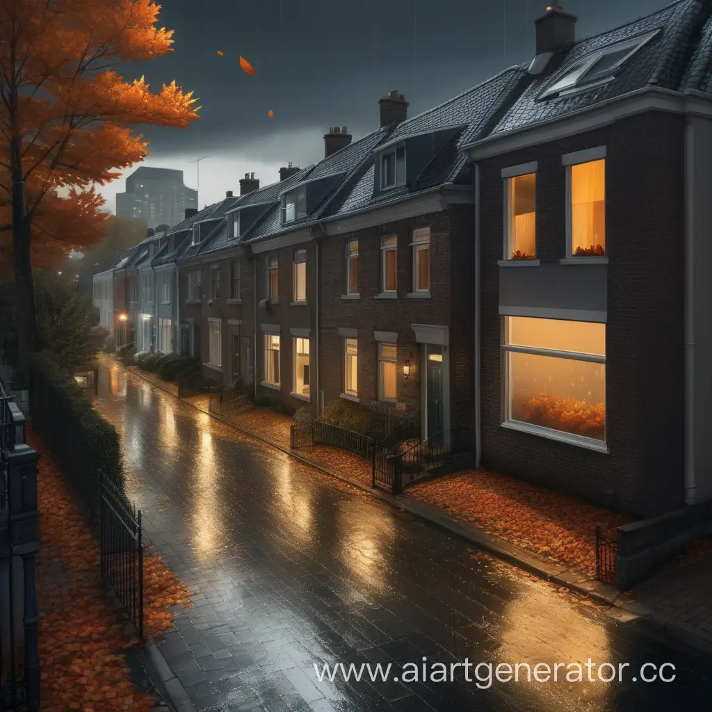 Большой город осенью, листопад, темное небо, дождь, в окнах домов горит свет