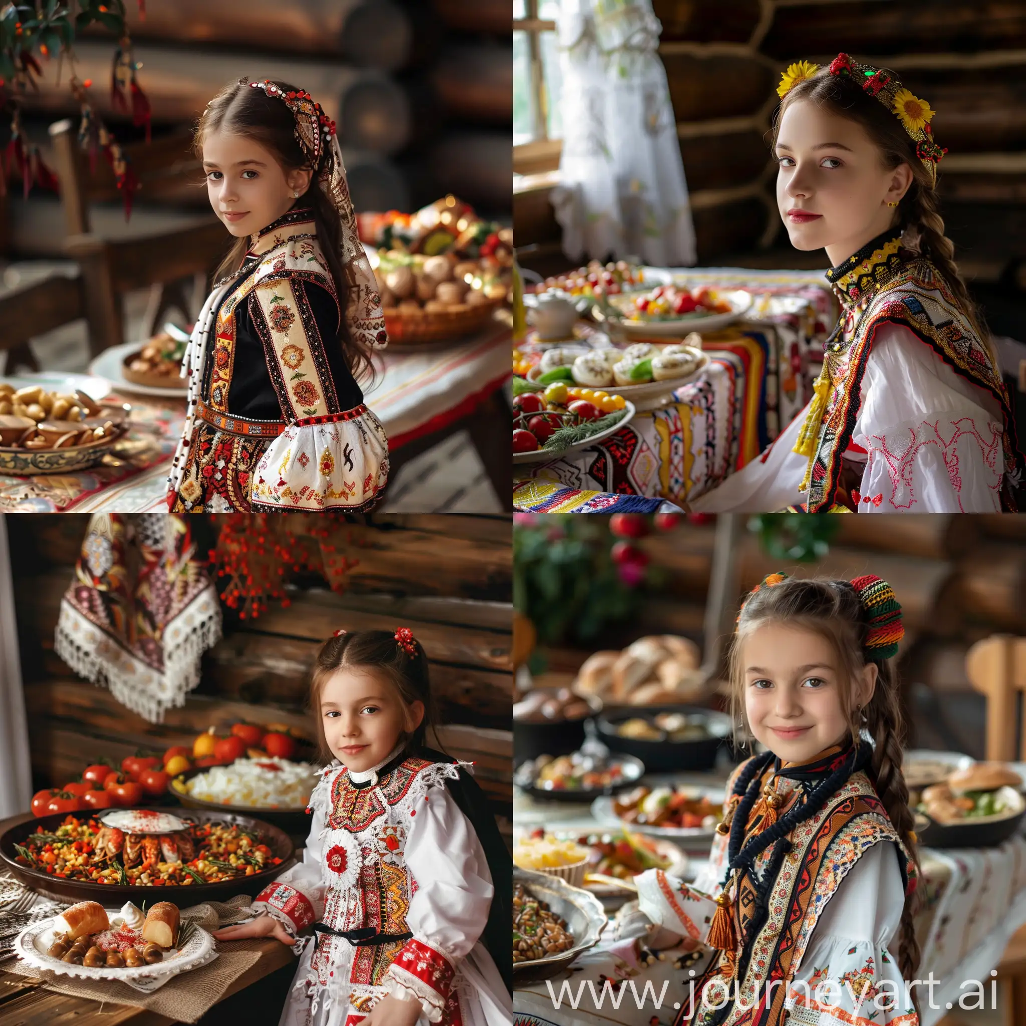 A girl in a traditional Romanian costume near a table with Romanian dishes