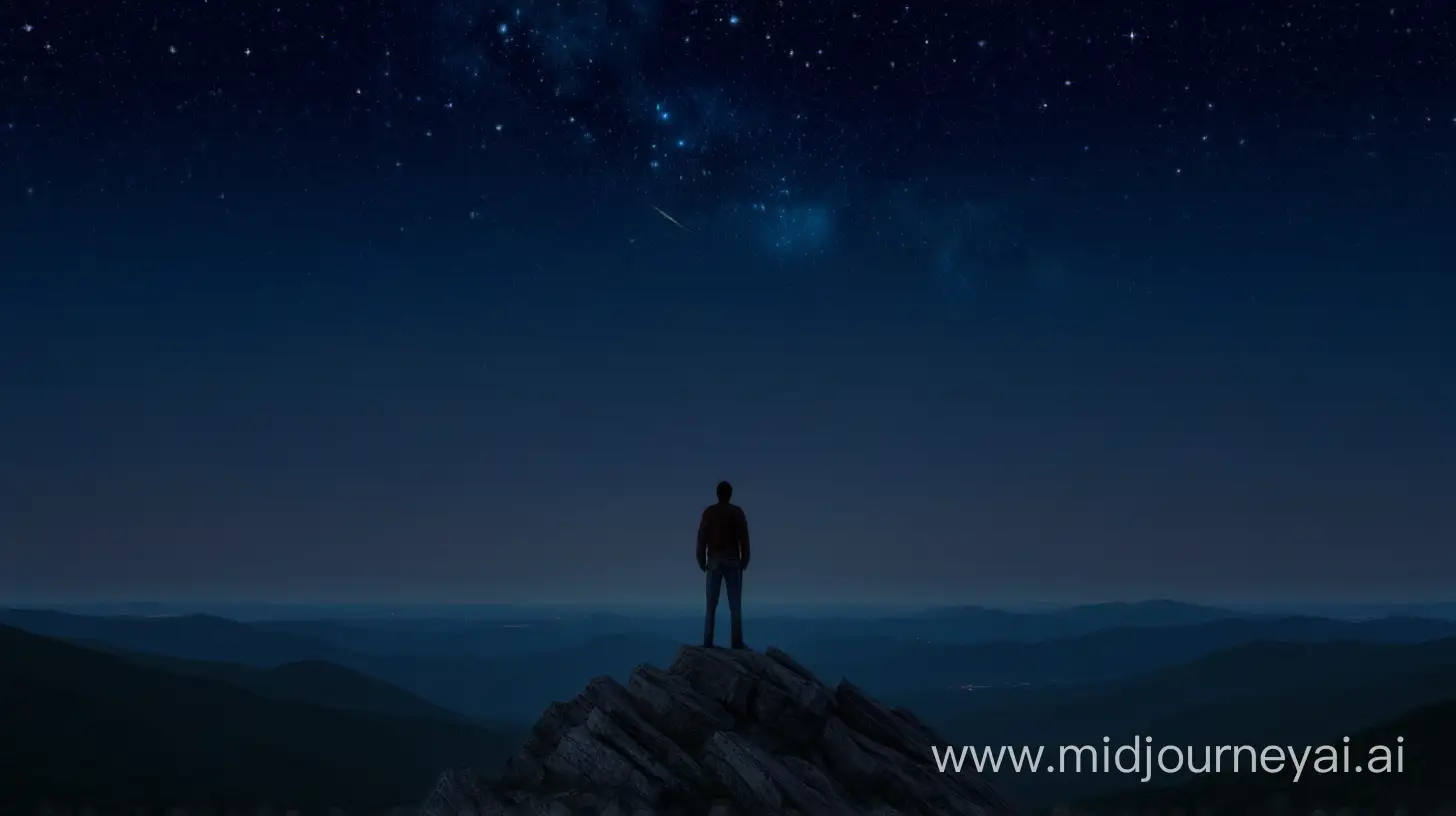 Contemplative Man on Mountain Summit Admiring Starry Night