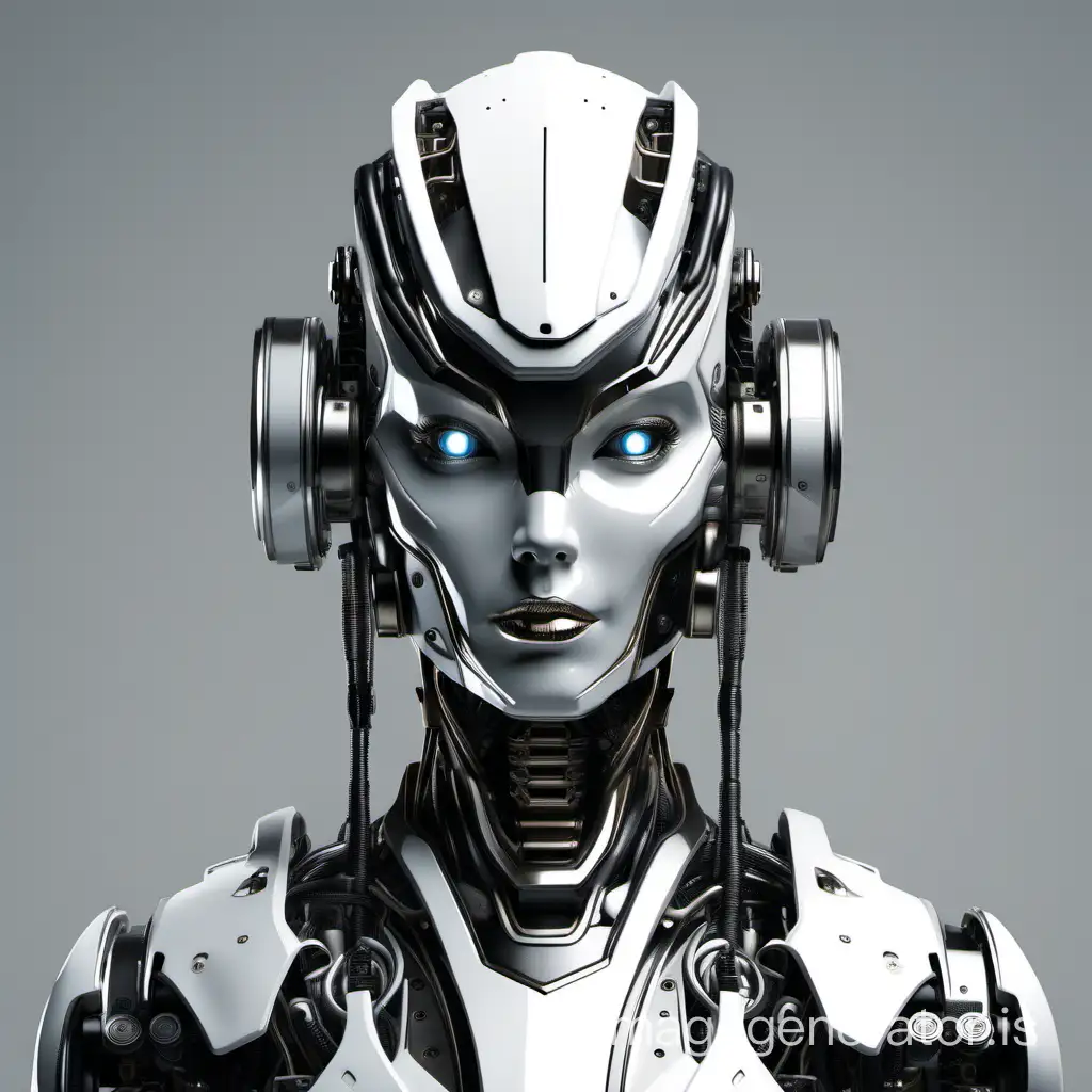 female ai robot helmet, simple, metallic, black and white metals, front shot, full body