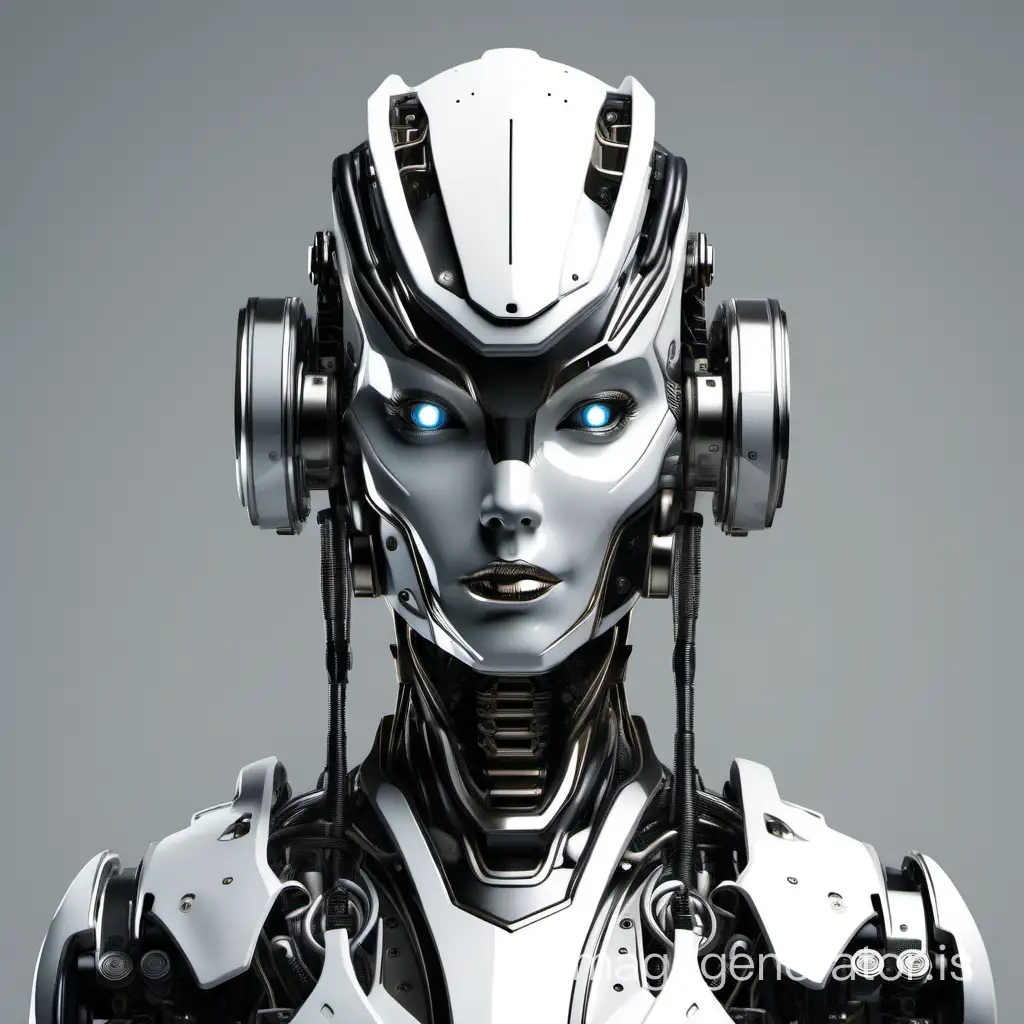 female ai robot helmet, simple, metallic, black and white metals, front shot, full body
