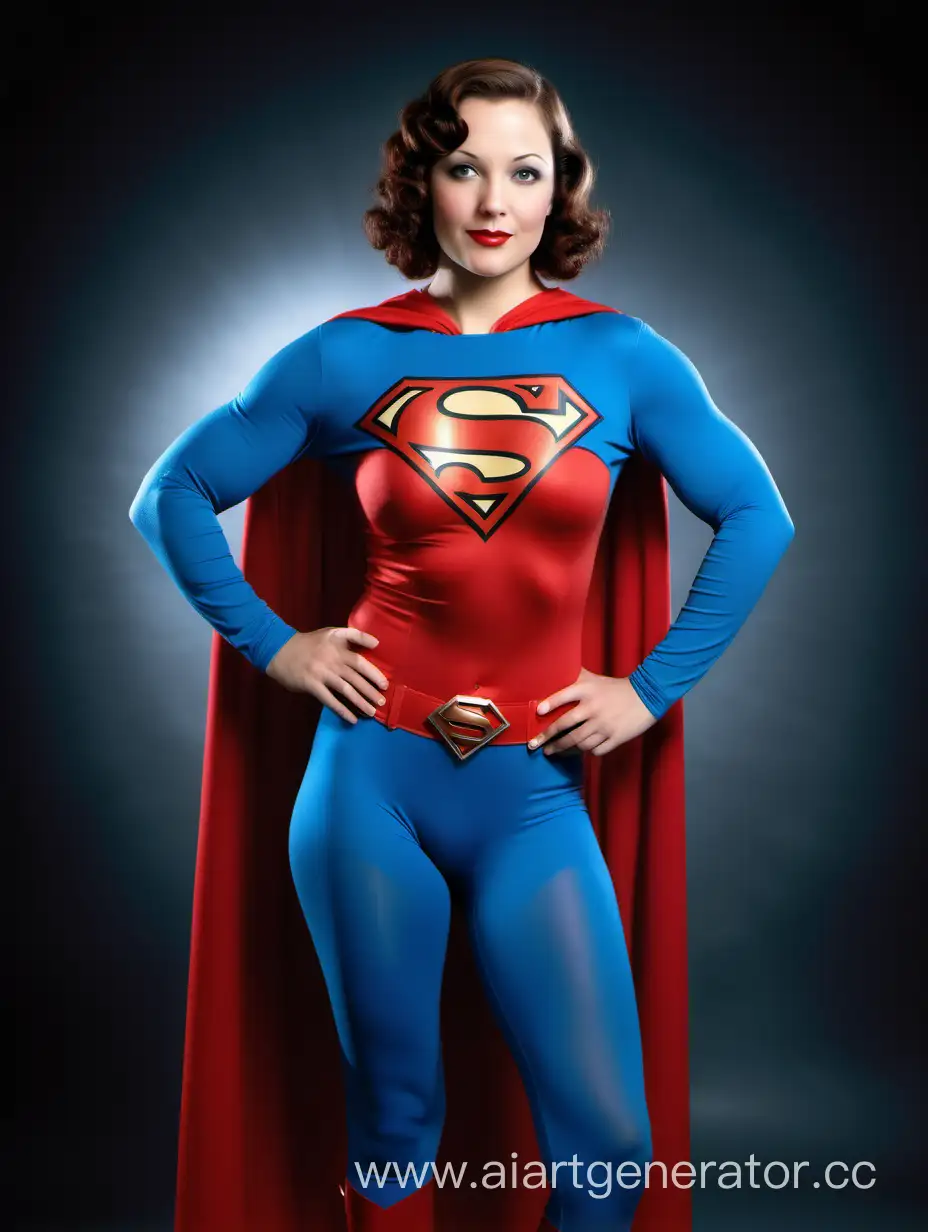 A beautiful woman with brown hair, age 35, She is happy and muscular She is wearing a Superman costume with (blue leggings), (long blue sleeves), red briefs, and a long cape. Her costume is made of very soft cotton fabric. The symbol on her chest has no black outlines. She is posed like a superhero, strong and powerful. Bright photo studio. In the style of a 1930s movie. 