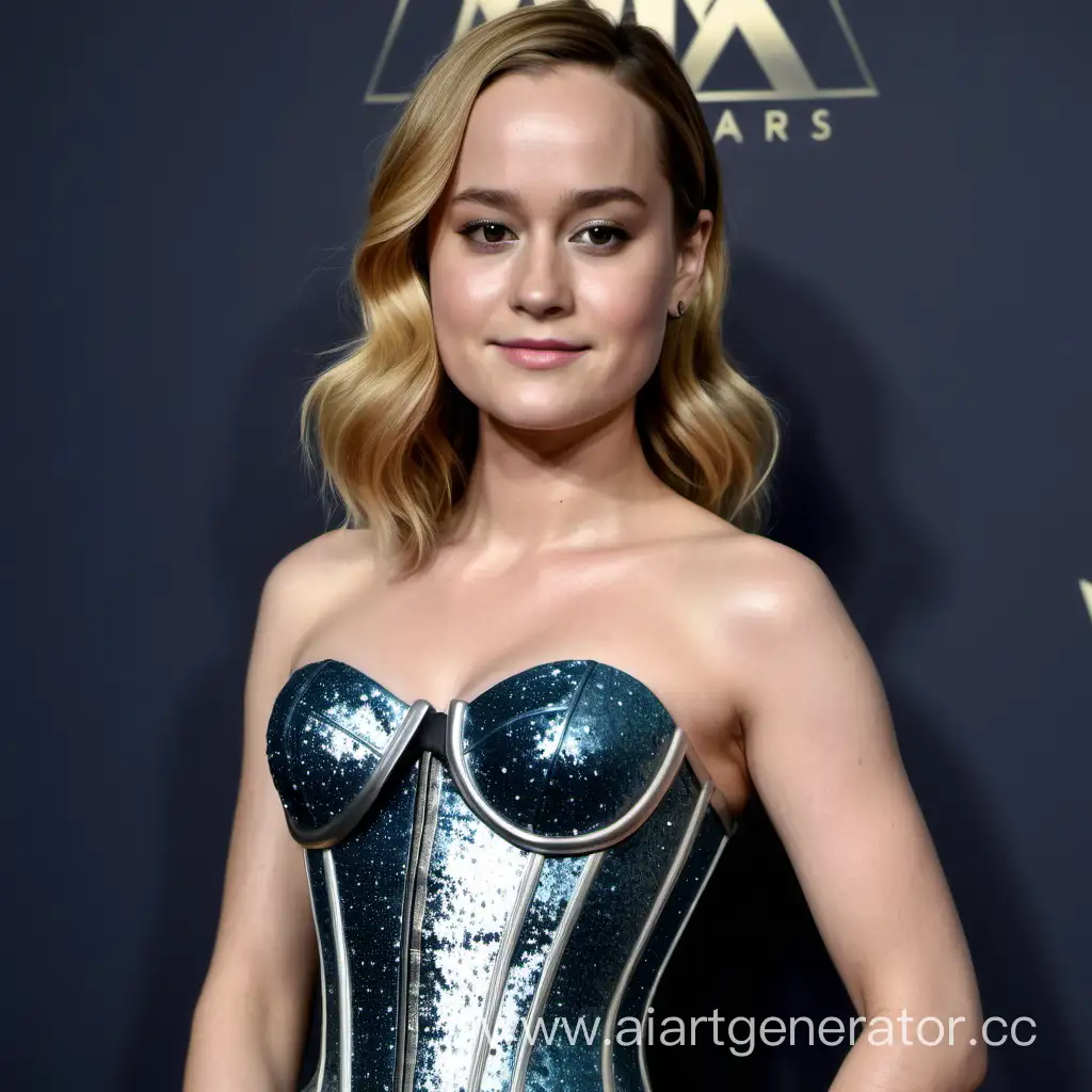 brie larson with glitter make up, wearing a sparkly corset dress, full body shot