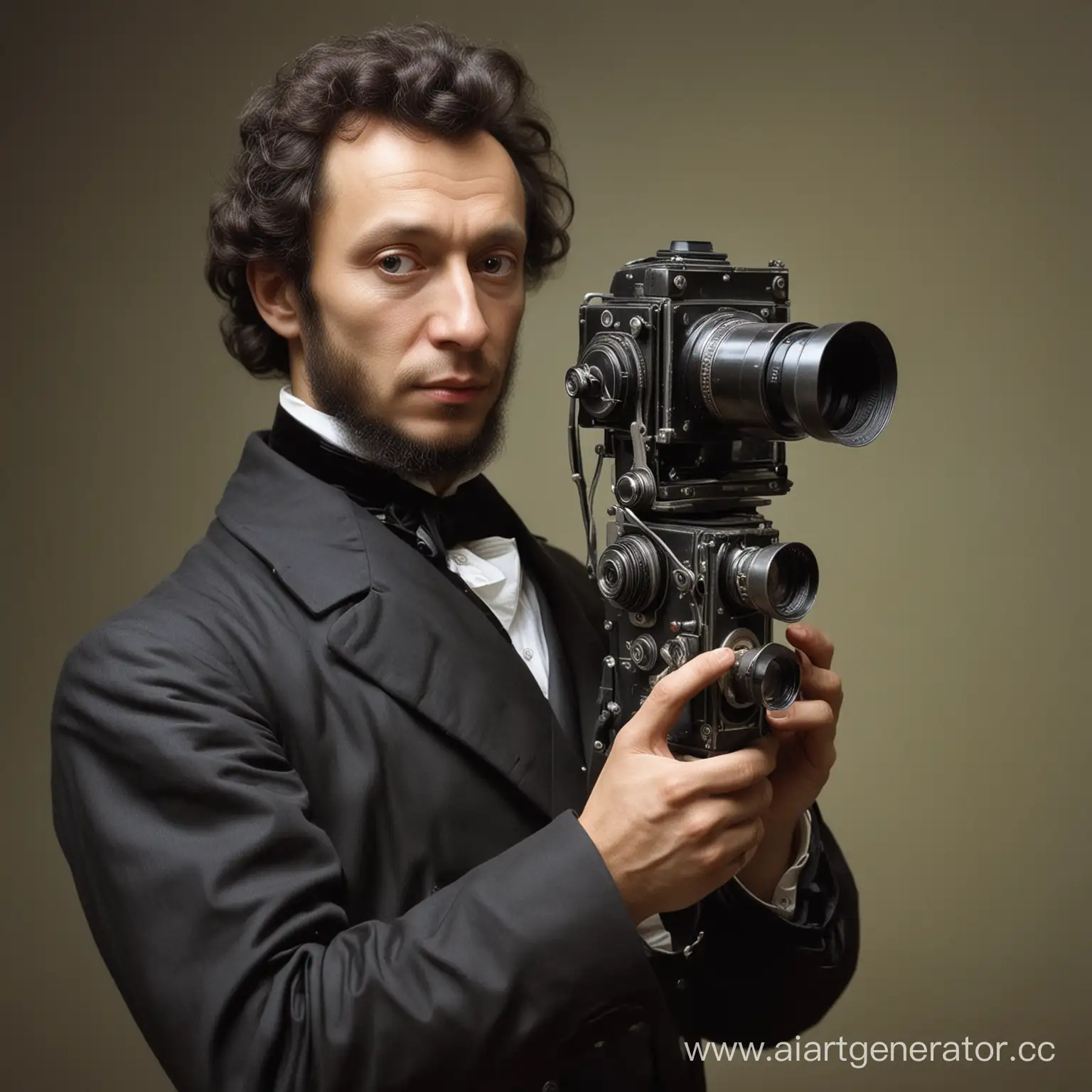 Александр Сергеевич Пушкин держит в руках кинокамеру 