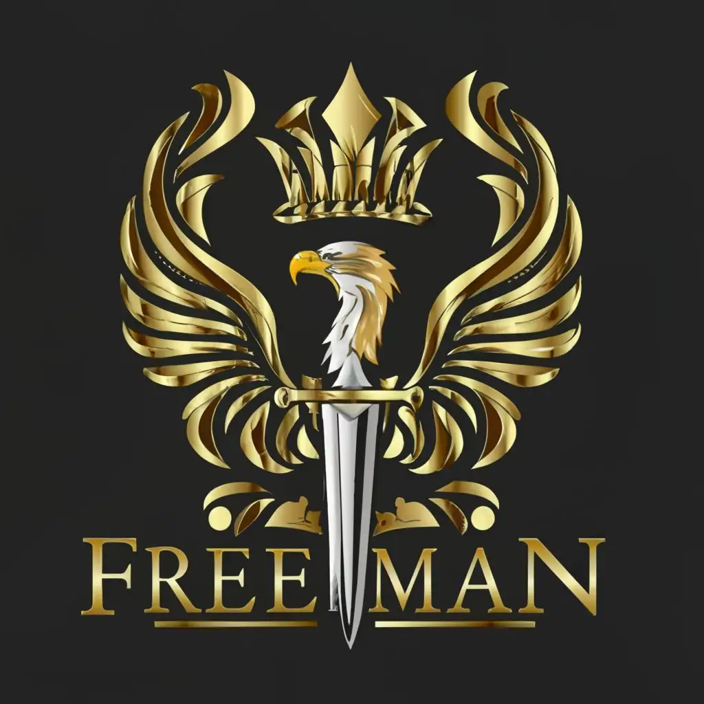 a logo design,with the text "FREEMAN", main symbol:GOLD CROWN, SILVER SWORD, EAGLE,Moderate,clear background