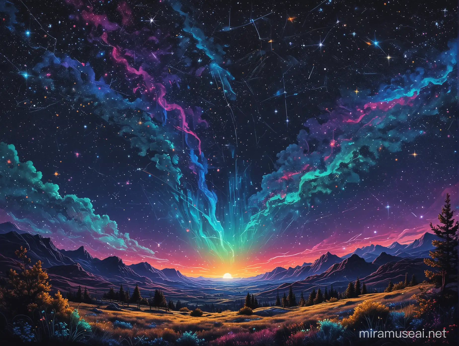 surreal starry night  ad some constellations and neon colors
