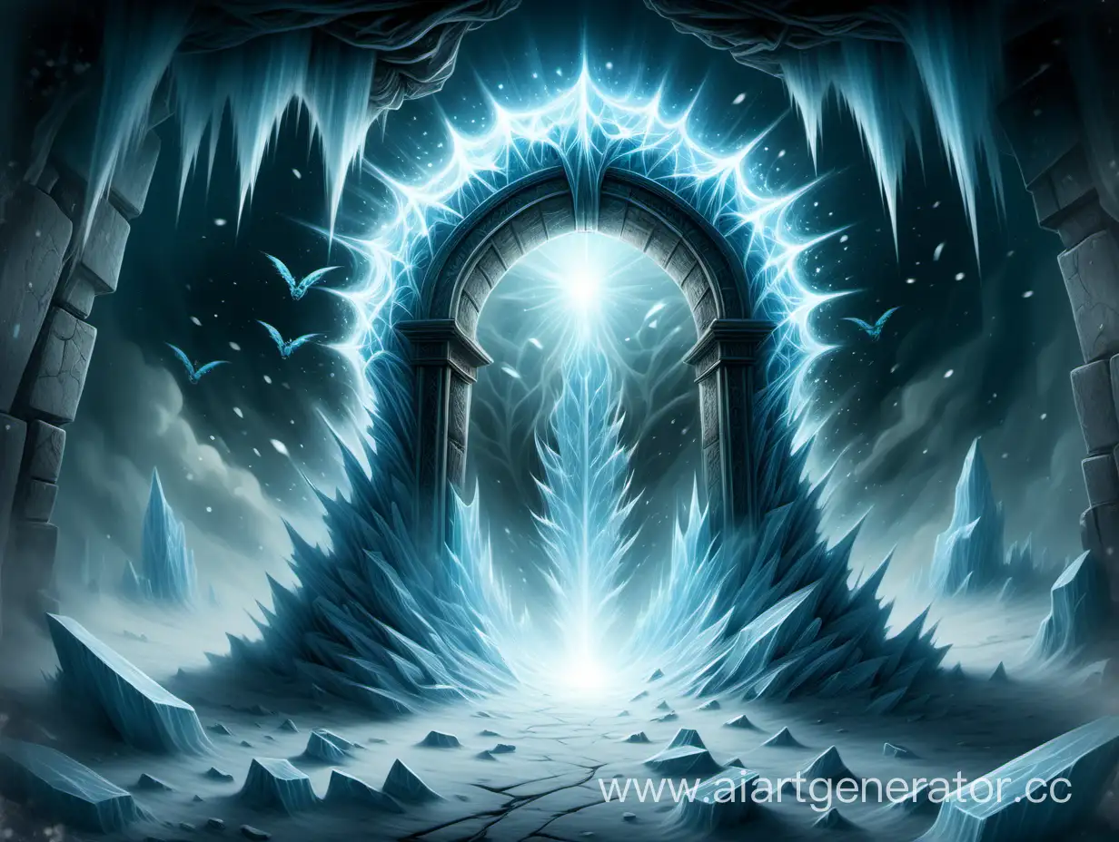 Картина в мистическом и фантазийном стиле внизу каменный синий портал на середине картины летящие вверх огоньки и летящие вверх кусочки льда вверху картины призрачный туман в диджитал стиле в 4к и ультра качестве детализации.