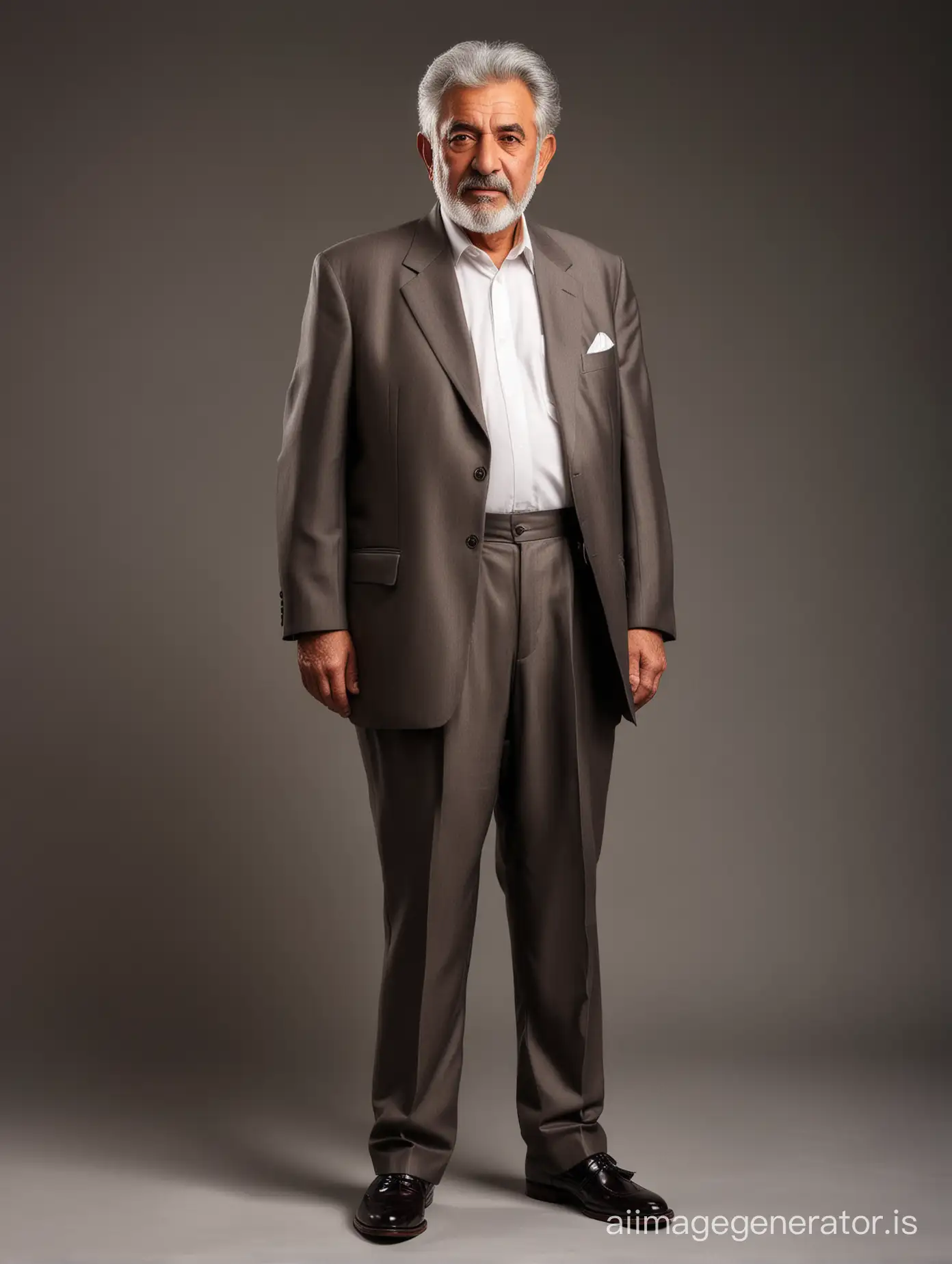 iranian  lux fat old man 70 years old, shot height, wearing dark brown suits, white shirt, black shoes, grey  hair,  full body shot, full body shot, fantasy  light cream solid background, dramatic lighting