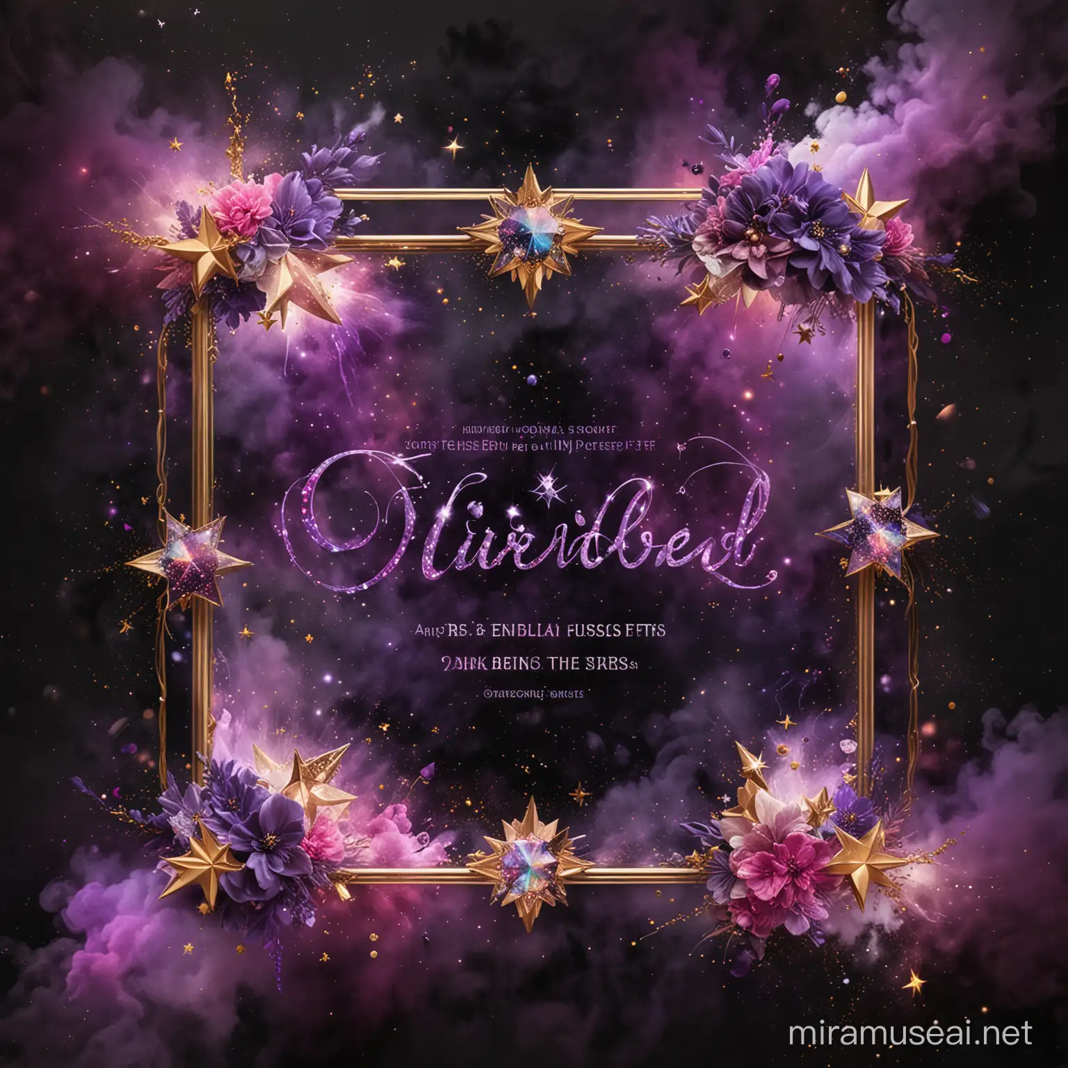 Create the name title "The CINDEREBEL Effect" surrounded in lavender and dark purple smoke, colorful splash of color, metallic iridescent text, pink and white diamonds and gold 4-point stars on a black nebula background