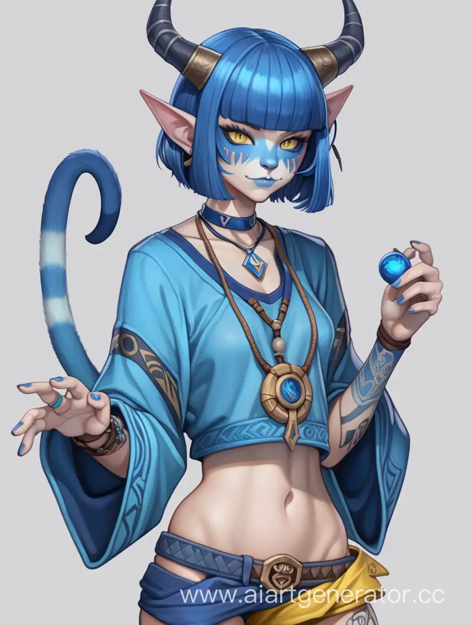 Demon, cat humanoid, skinny body, blue skin, short blue hair with bangs, blue and yellow shaman outfit, cat ears, rune tattoo, horns, female character