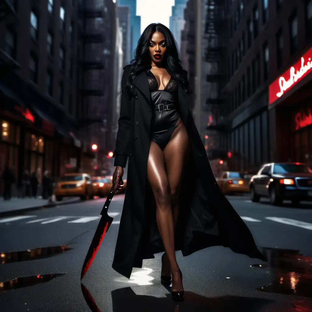 create a ultra realistic image of a gorgeous and glamorous black woman with long black hair in a black trench coat with sexy black lingerie and christian louboutin heels walking in New York City at night with a bloody knife in her hand and a dead body in the background
