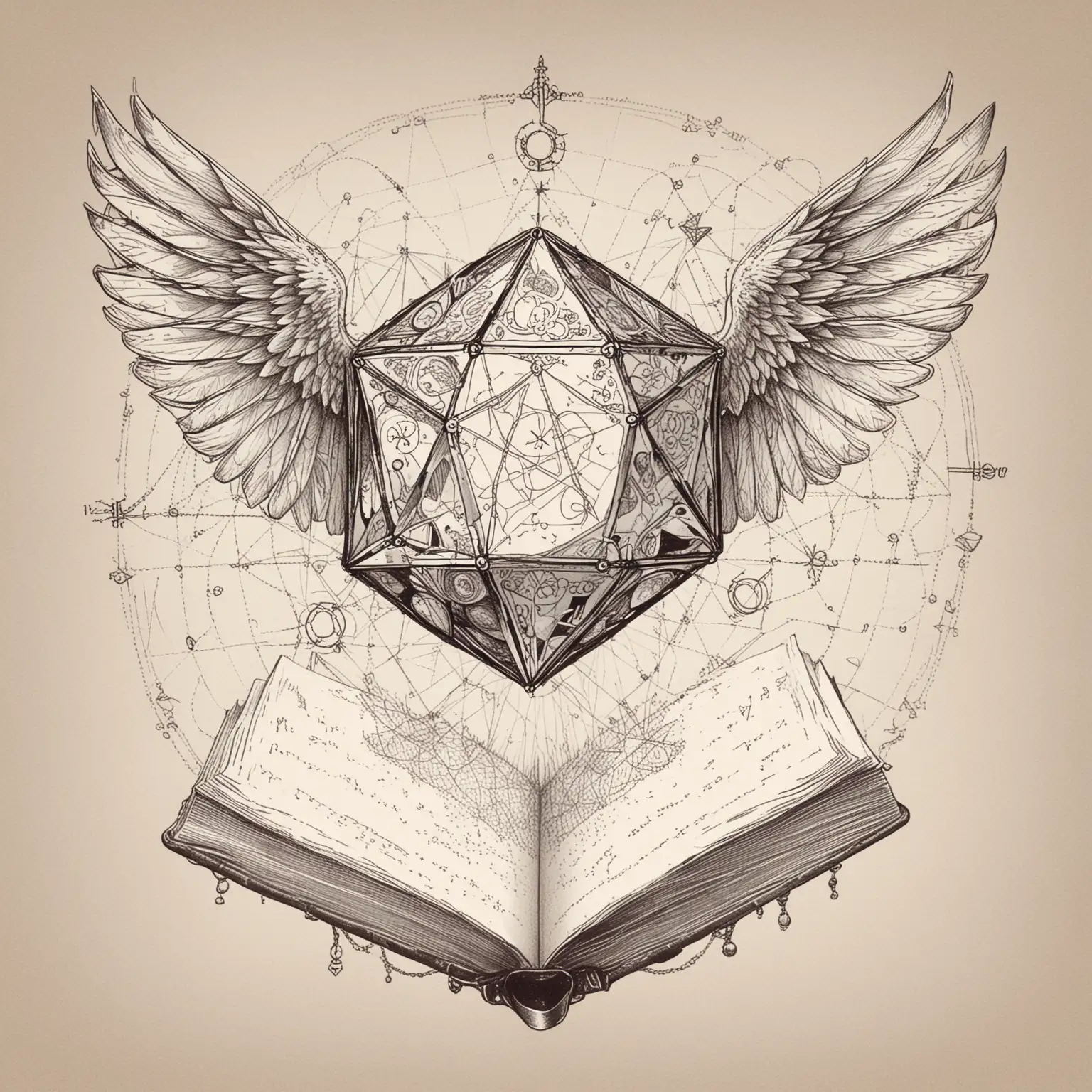 Line art, simple book style, icosohedron d20 , wings and magical circles 
