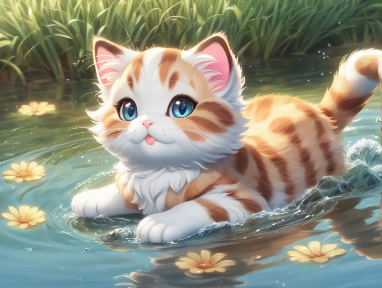 Adorable Kawaii Cat Floating on Tranquil River