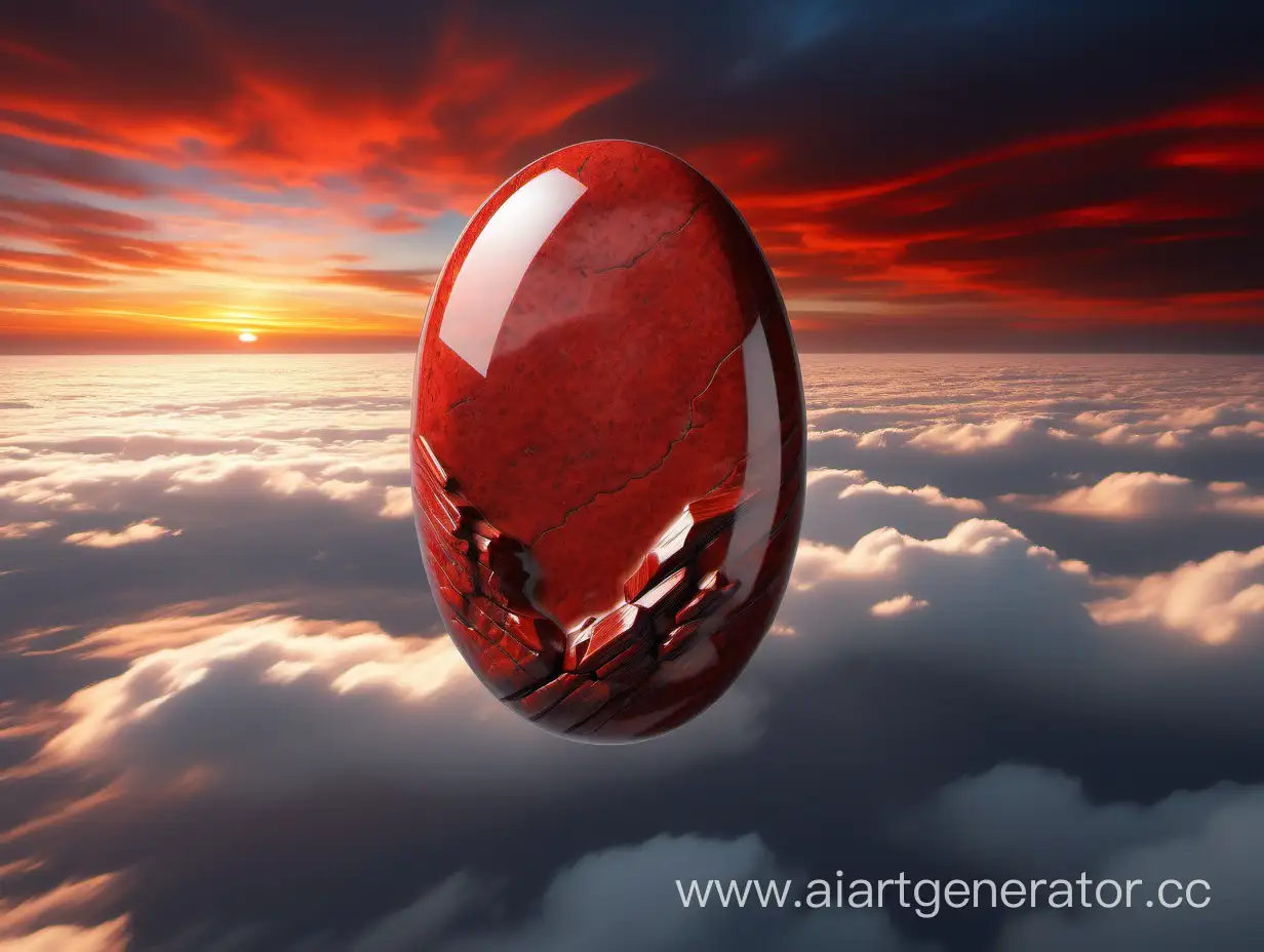 A giant cabochon of red jasper hovering above picturesque clouds at sunset