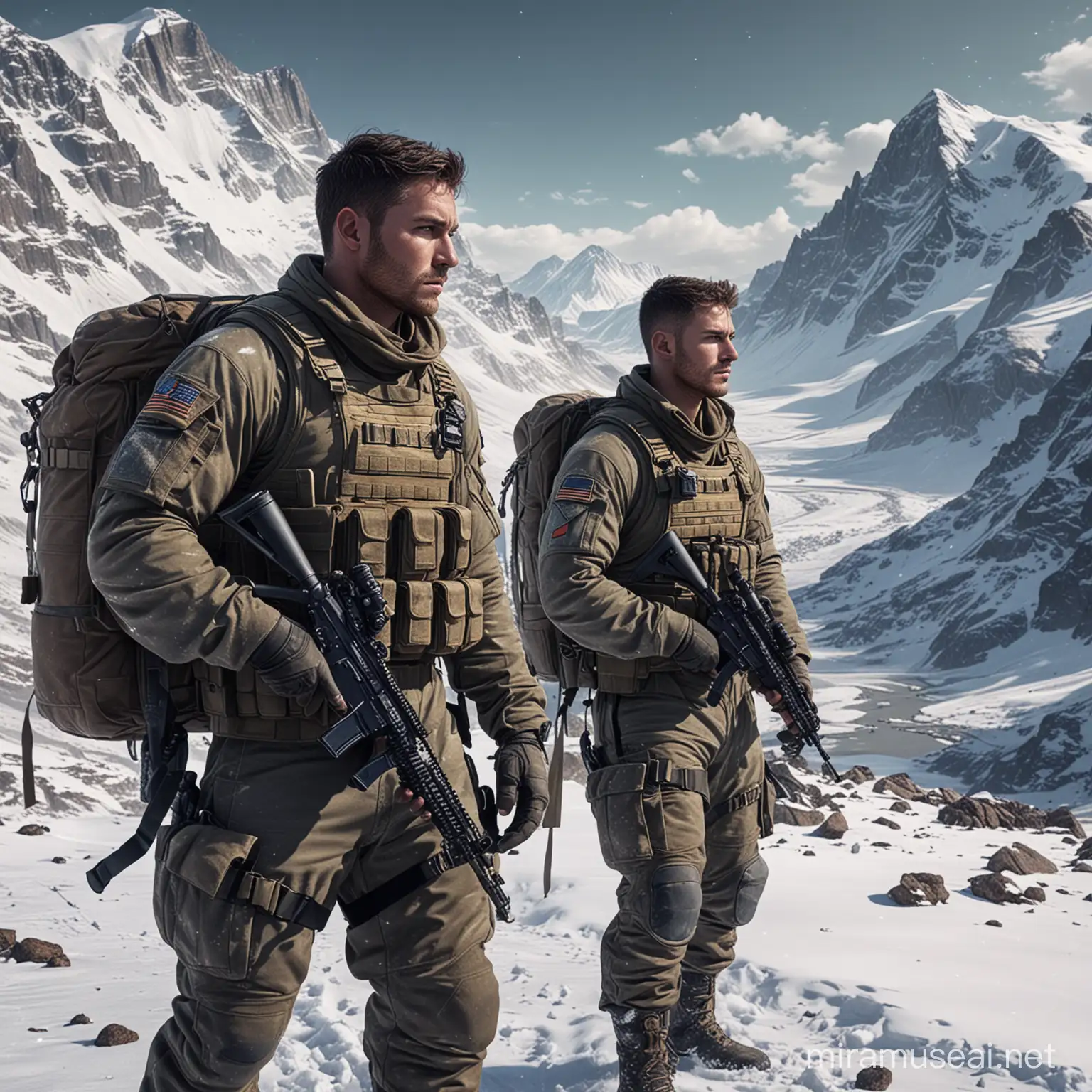 male hotness, special forces soldiers, snow, mountains, hyperdetailed technicolor realism