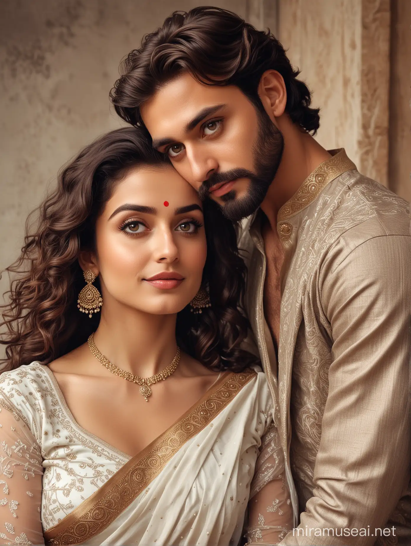 full photo of most beautiful european couple as most beautiful indian couple, most beautiful girl in elegant saree and long curly hairs, big wide eyes, full face, full makeup,  man with stylish beard, man perfect short hair cut,  formals, photo realistic, middle shot, 4k.