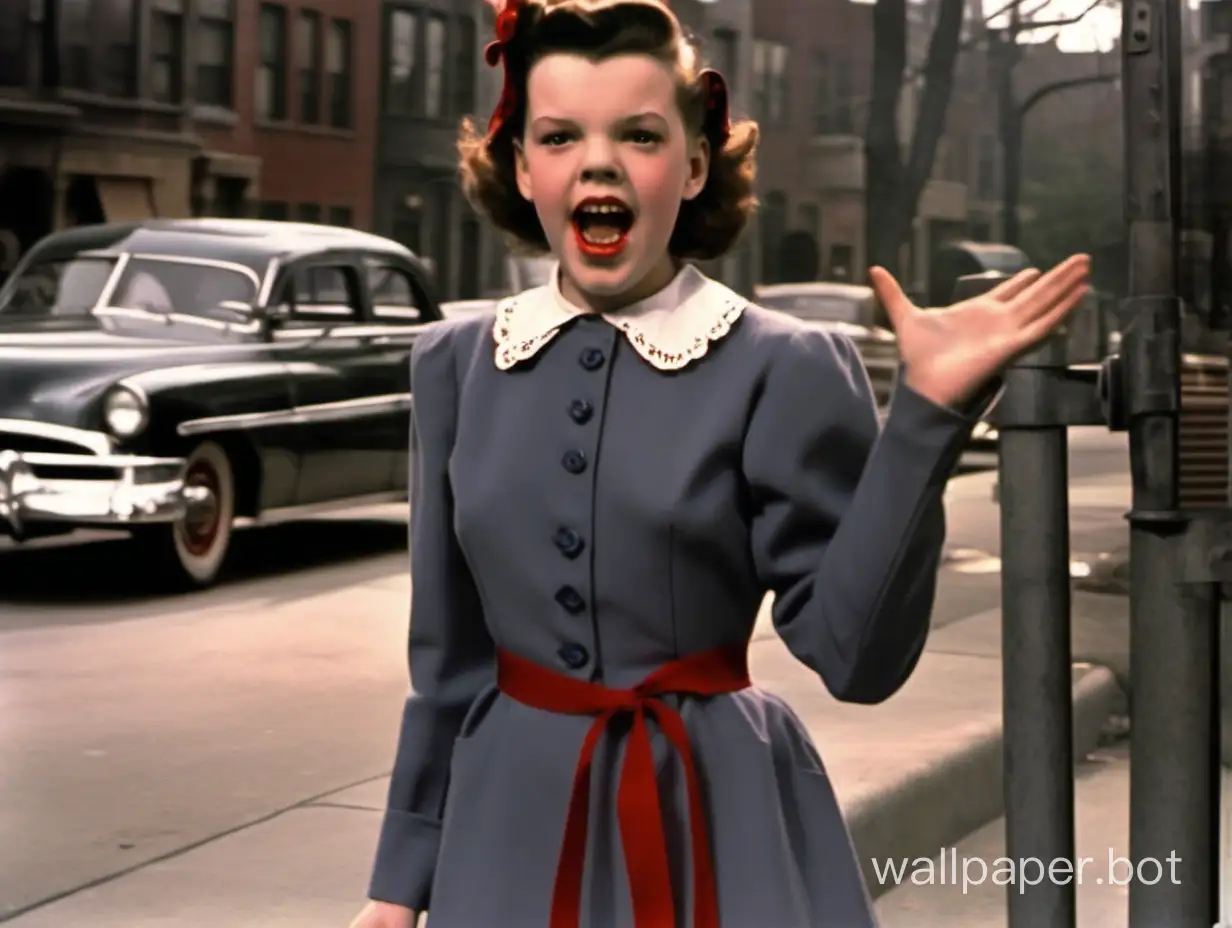 Judy Garland girl 12 yo in full growth sing at street when all the things you are, are mine color