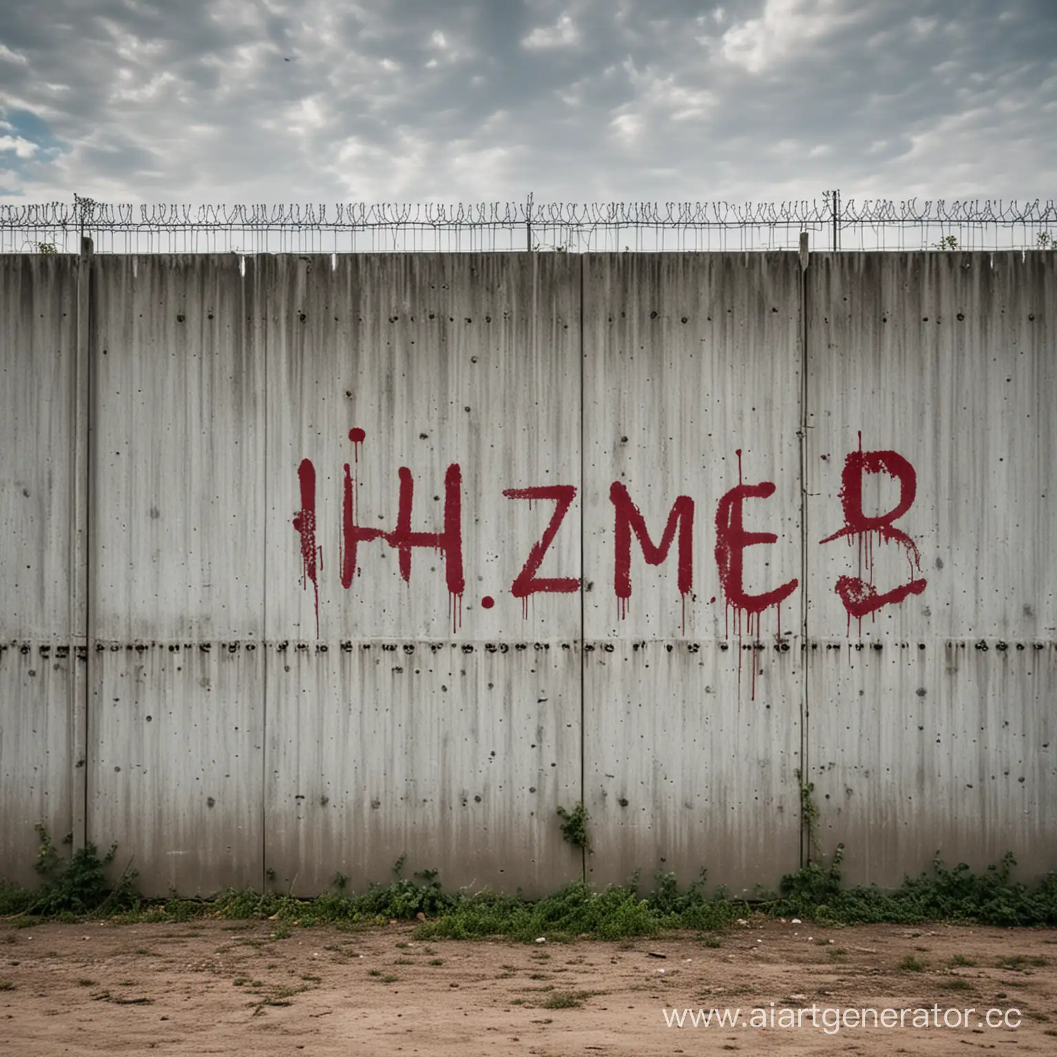 бетонный забор промышленной зоны, на котором  кровью написано слово UHUZBS, на другой строчке выражение EAT ME PLEASE