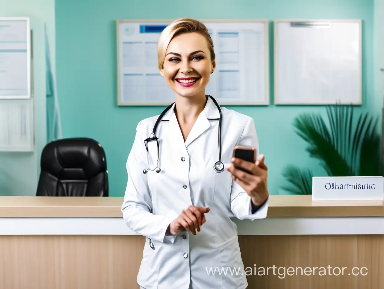 Smiling-Russian-Dental-Clinic-Administrator-at-Reception-Desk-with-Phone