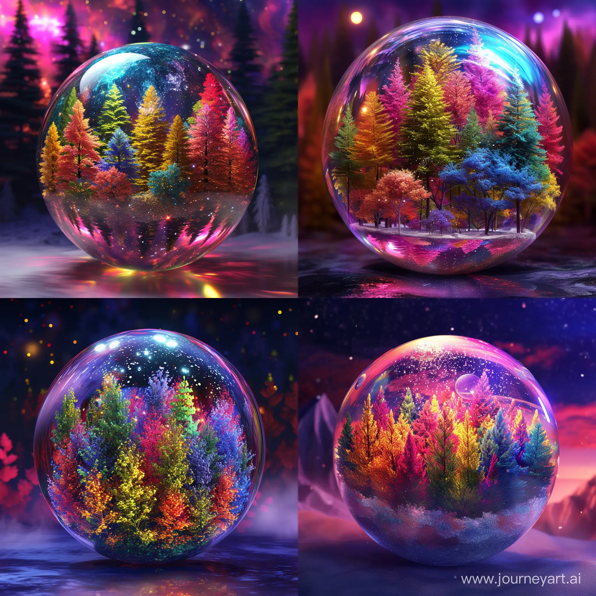 A crystal ball with a colorful beautiful forest growing inside!!!!!!You can see a lot of colorful trees!!!!!!!! shimmers with bright colors against the background of the night sky!!!!!!!!! front illumination, high detail, octane, medium sharpness