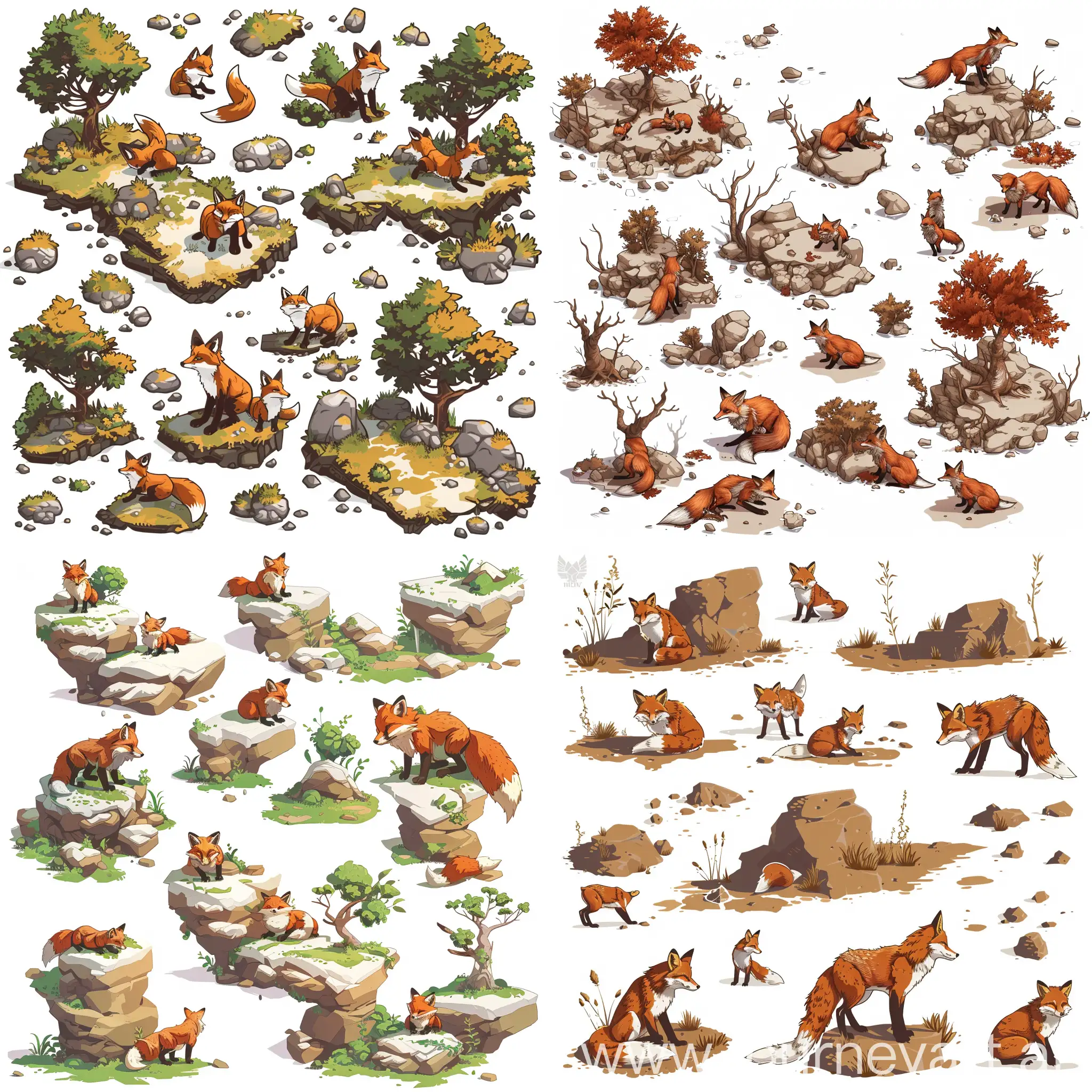 foxes, horizon zero dawn,  post-appcalypse,  a set of sprites for a 2D platformer,  a map of sprites, simple illustration style, unity, white background