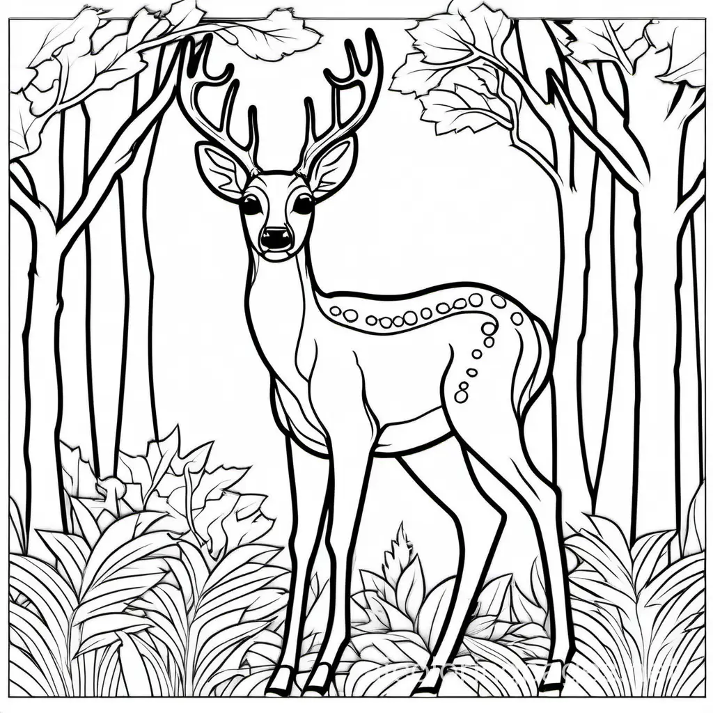 White-tailed deer, Coloring Page, black and white, line art, white background, Simplicity, Ample White Space. The background of the coloring page is plain white to make it easy for young children to color within the lines. The outlines of all the subjects are easy to distinguish, making it simple for kids to color without too much difficulty