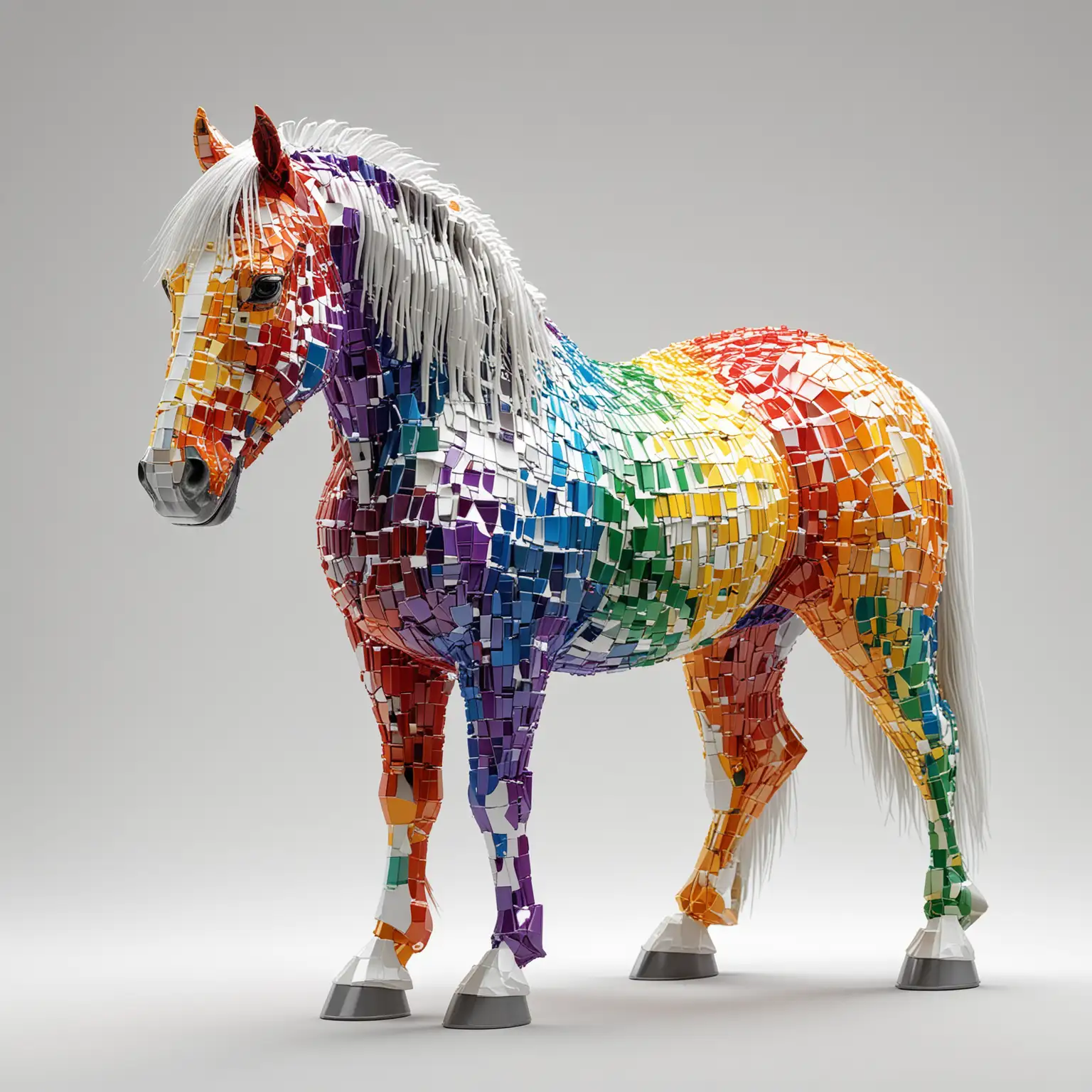 a horse made from blue, red, yellow, green, white , orange and purple Qubits, smooth surface, set against a pure white background  