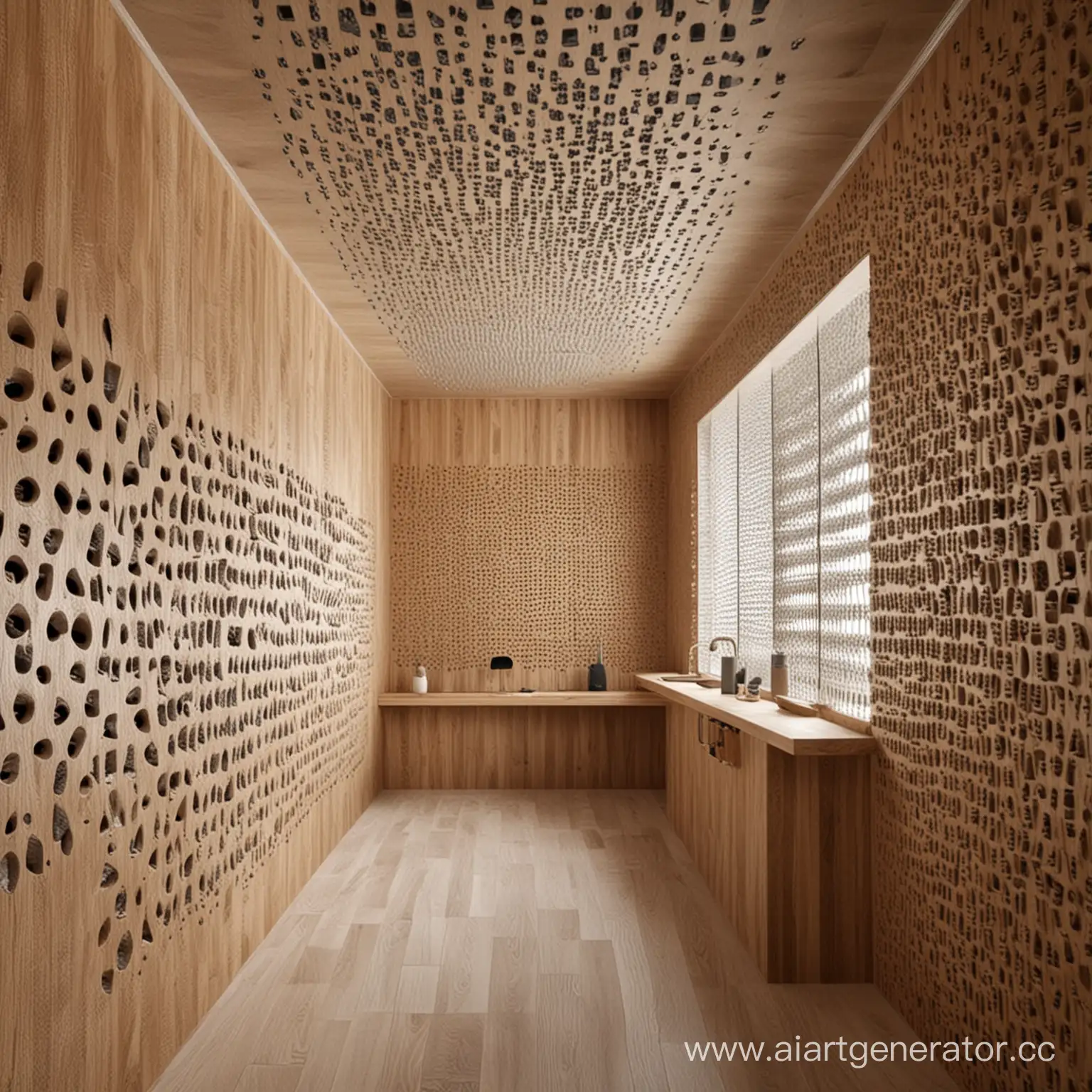 Imagine a room, sharp corners, teeth in the interior, furniture with a grater texture is present, there is a contrast between large teeth and small ones, there is a rubbing effect, creating a feeling of a single harmonious whole
